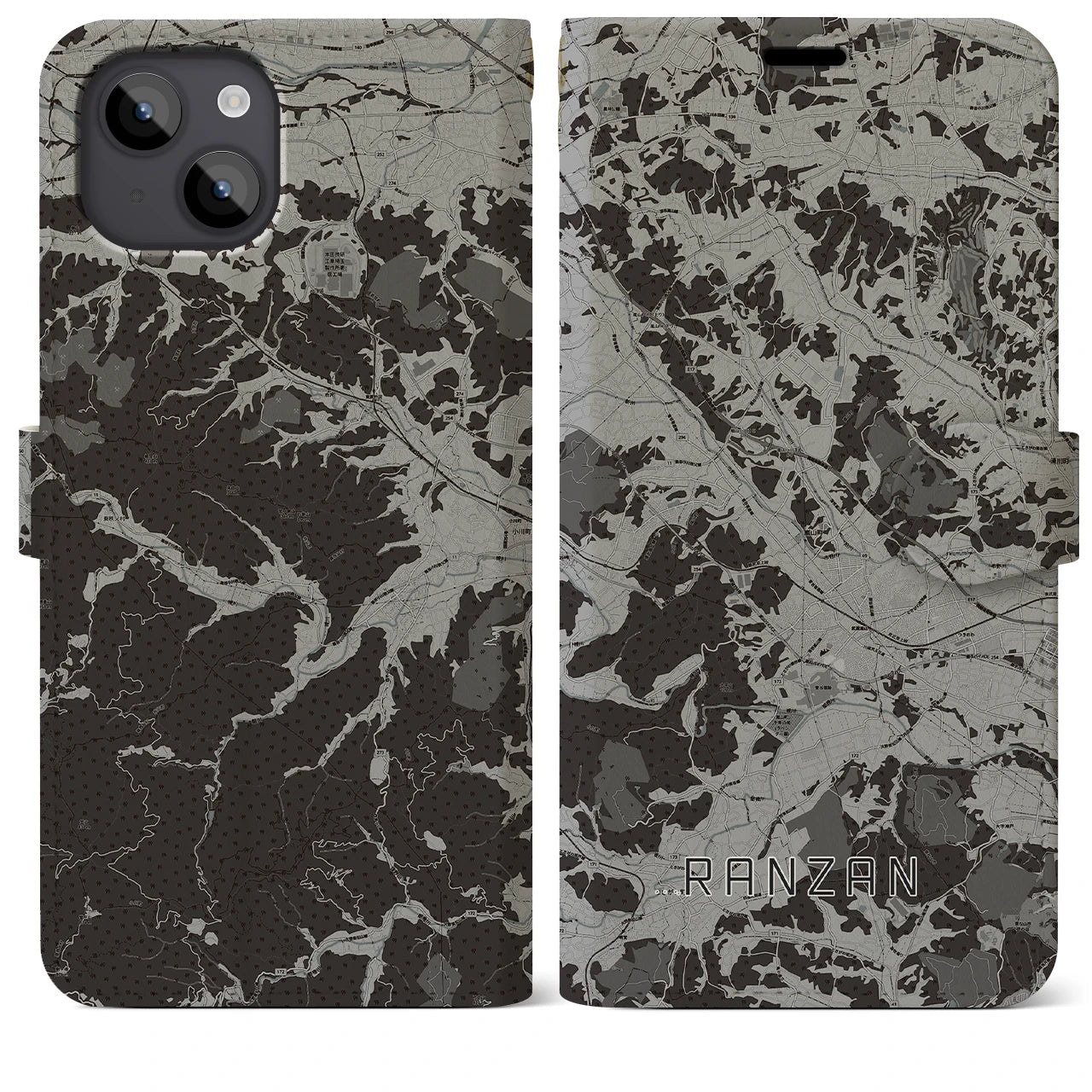 【嵐山(埼玉県)】地図柄iPhoneケース(手帳タイプ)モノトーン・iPhone 14 Plus 用