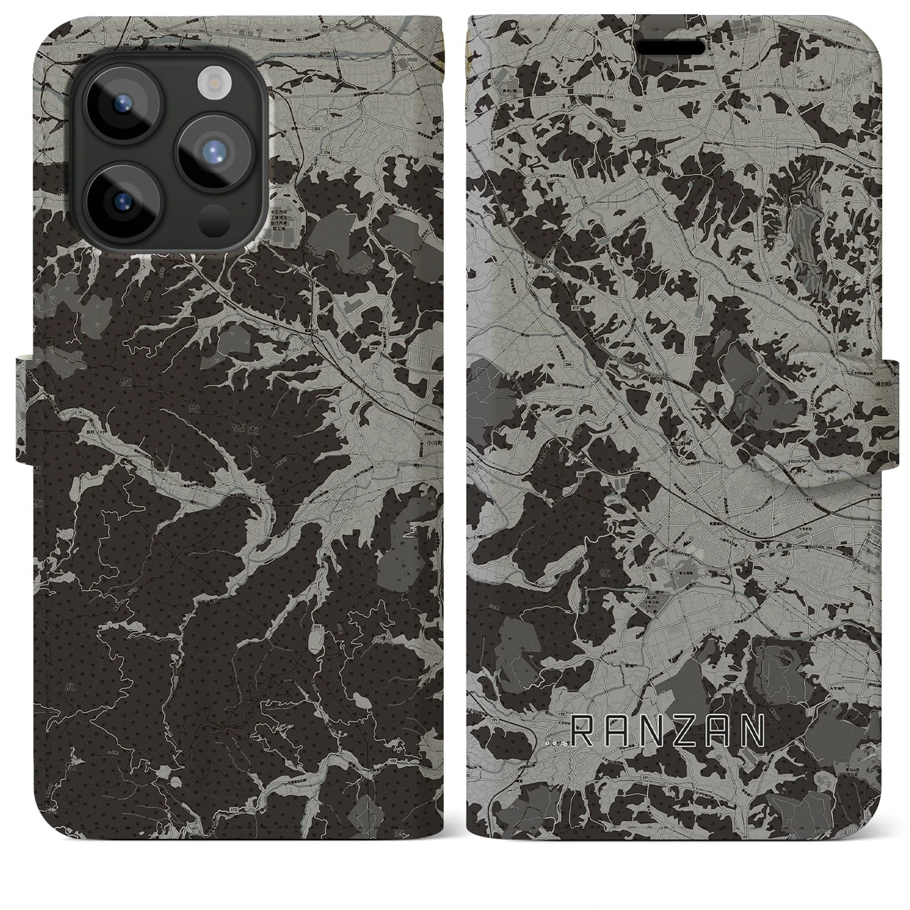 【嵐山(埼玉県)】地図柄iPhoneケース(手帳タイプ)モノトーン・iPhone 15 Pro Max 用