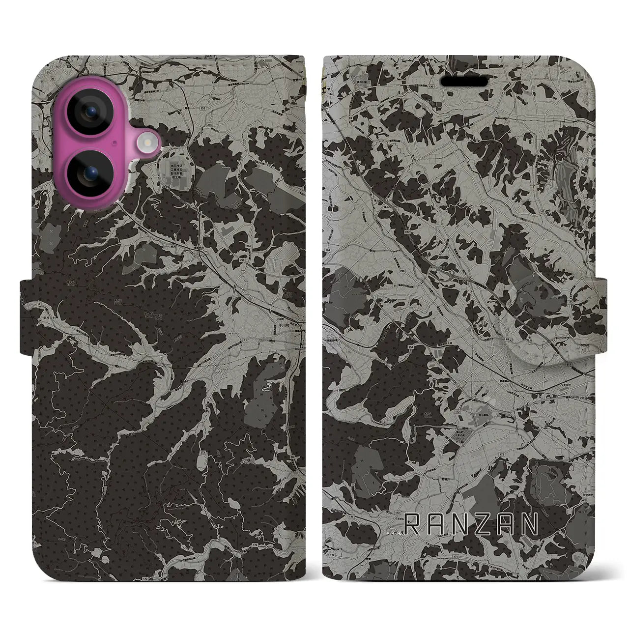 【嵐山(埼玉県)】地図柄iPhoneケース(手帳タイプ)モノトーン・iPhone 16 Pro 用