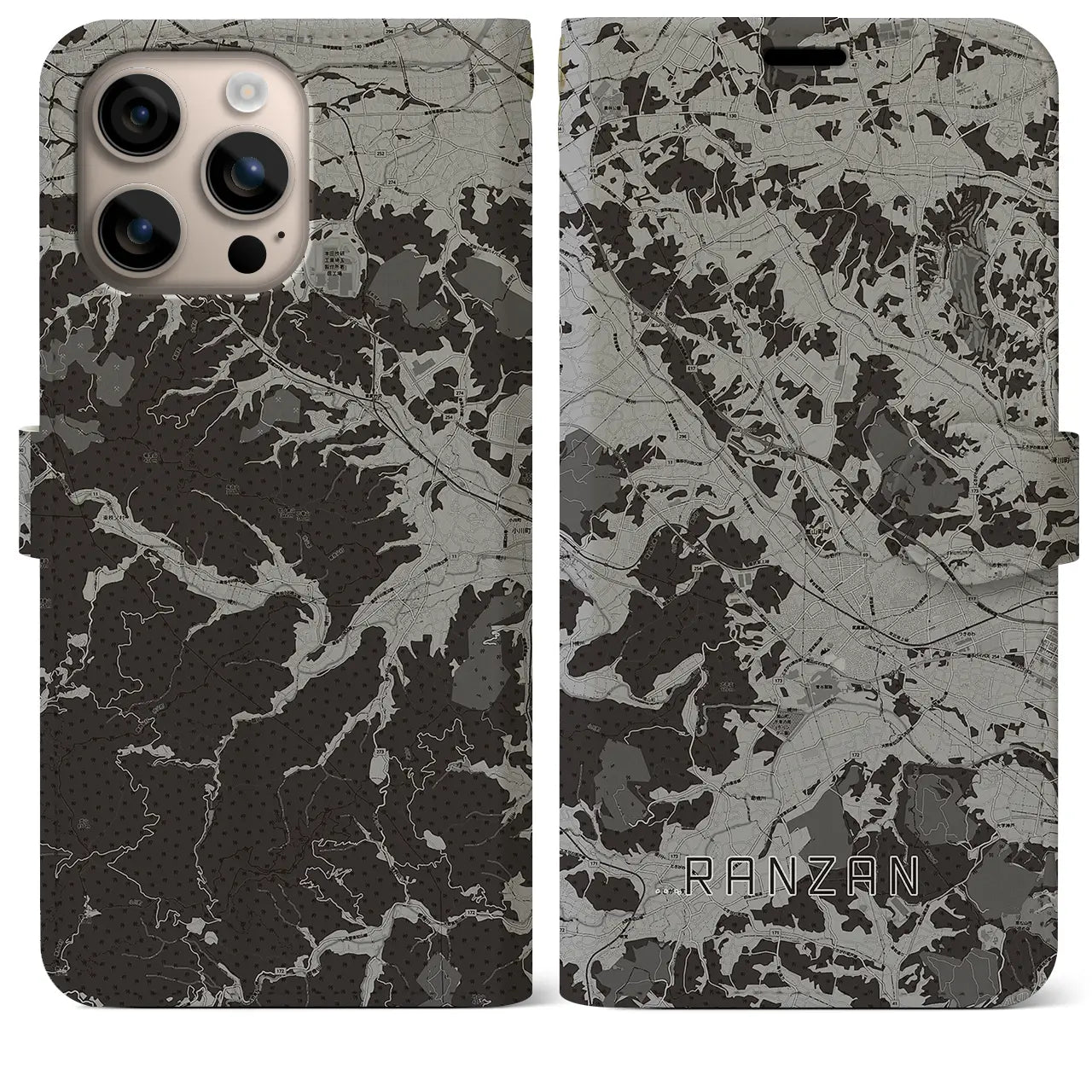 【嵐山(埼玉県)】地図柄iPhoneケース(手帳タイプ)モノトーン・iPhone 16 Plus 用