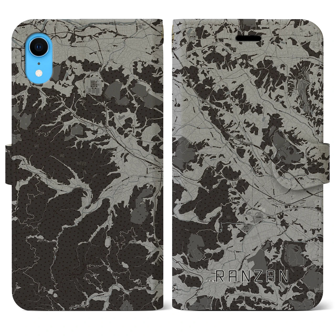 【嵐山(埼玉県)】地図柄iPhoneケース(手帳タイプ)モノトーン・iPhone XR 用