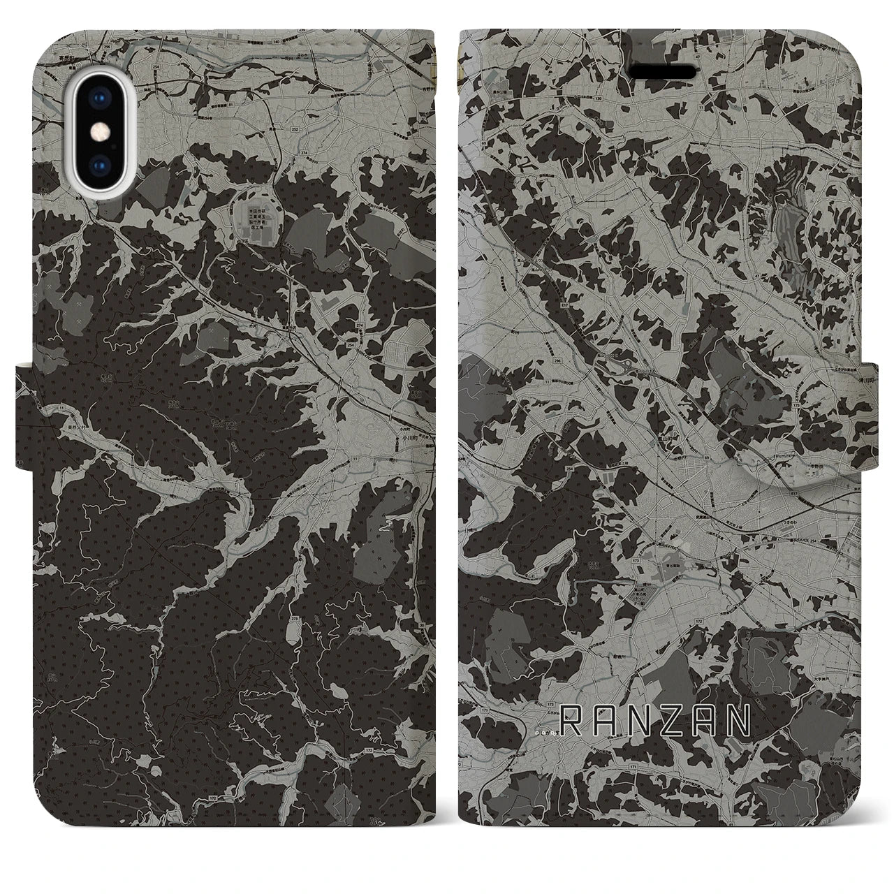【嵐山(埼玉県)】地図柄iPhoneケース(手帳タイプ)モノトーン・iPhone XS Max 用