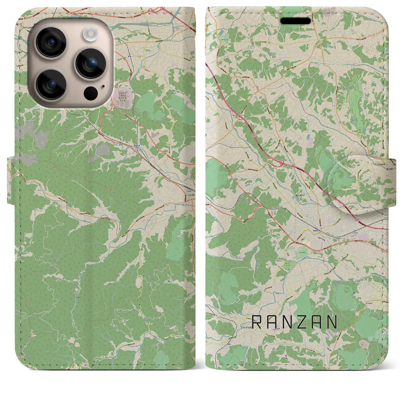 【嵐山(埼玉県)】地図柄iPhoneケース(手帳タイプ)ナチュラル・iPhone 16 Plus 用