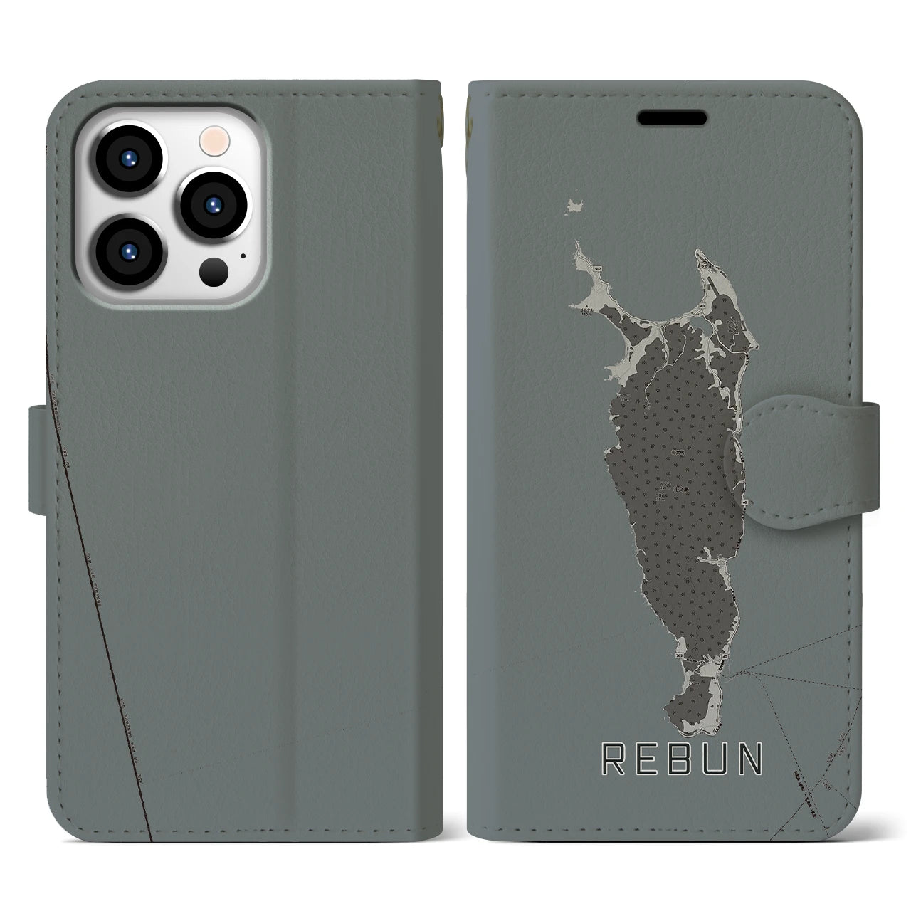 【礼文(北海道)】地図柄iPhoneケース(手帳タイプ)モノトーン・iPhone 13 Pro 用