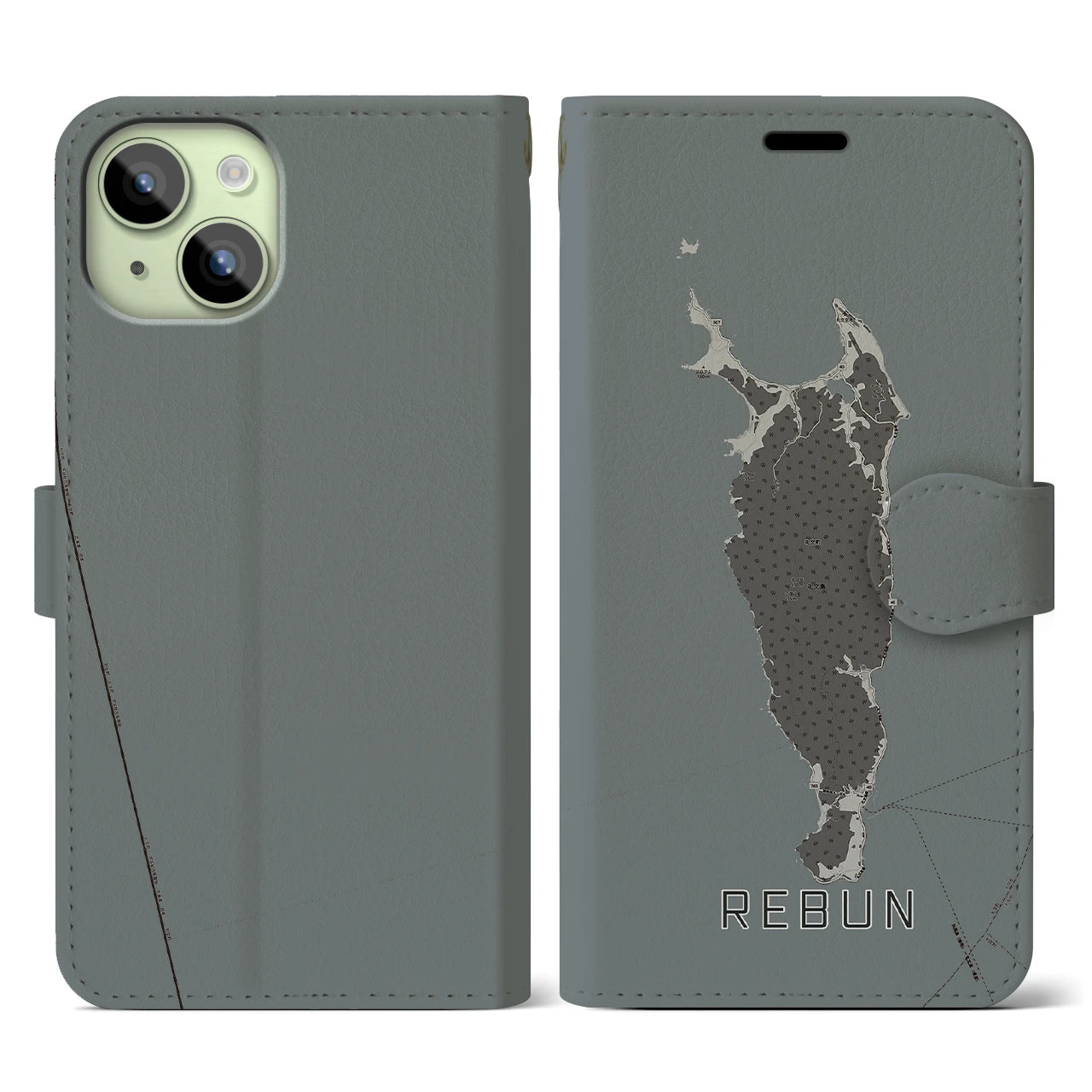 【礼文(北海道)】地図柄iPhoneケース(手帳タイプ)モノトーン・iPhone 15 用