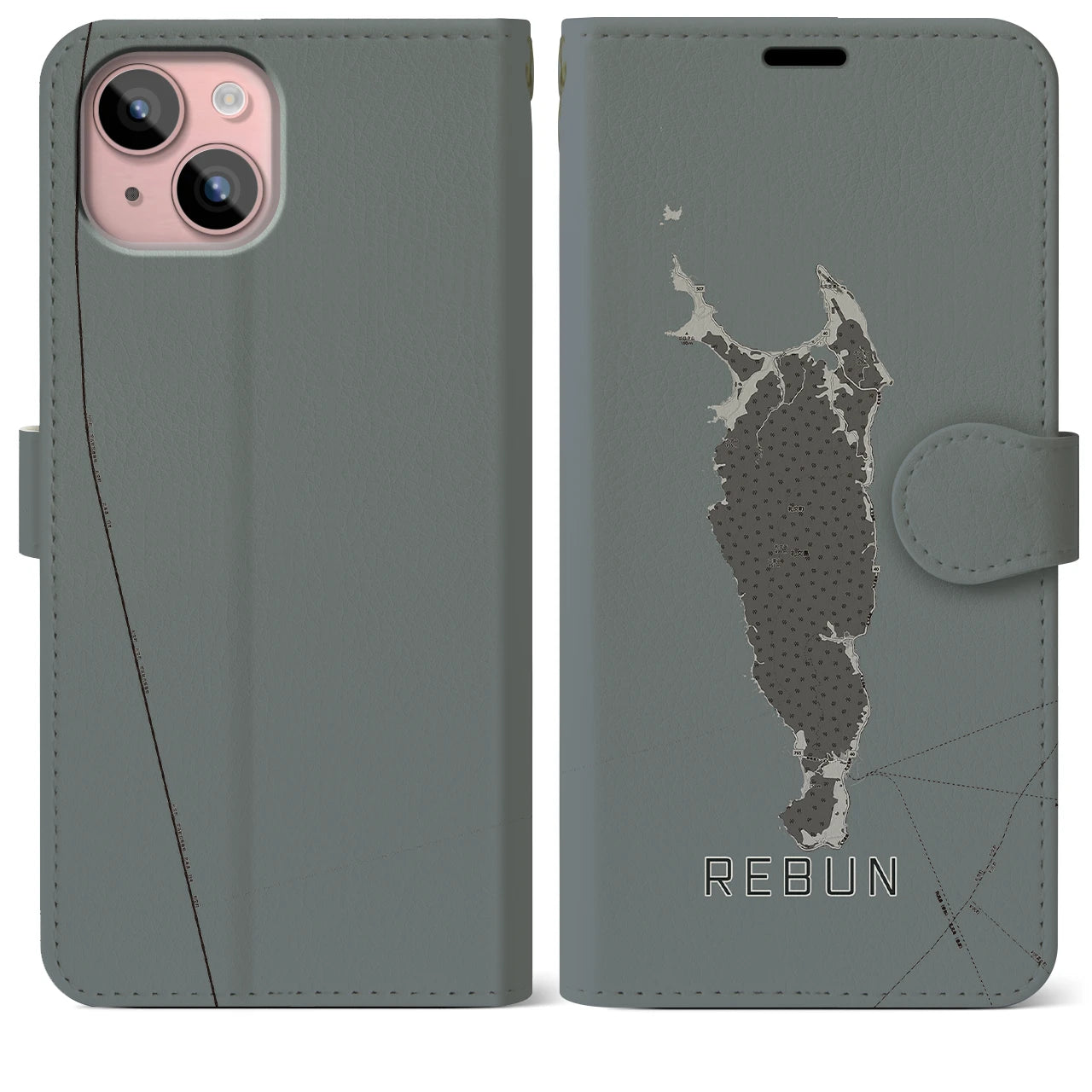 【礼文(北海道)】地図柄iPhoneケース(手帳タイプ)モノトーン・iPhone 15 Plus 用