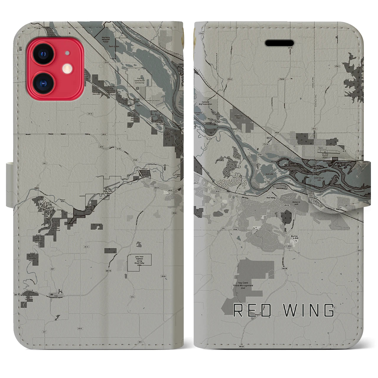 【レッドウイング(アメリカ)】地図柄iPhoneケース(手帳タイプ)モノトーン・iPhone 11 用