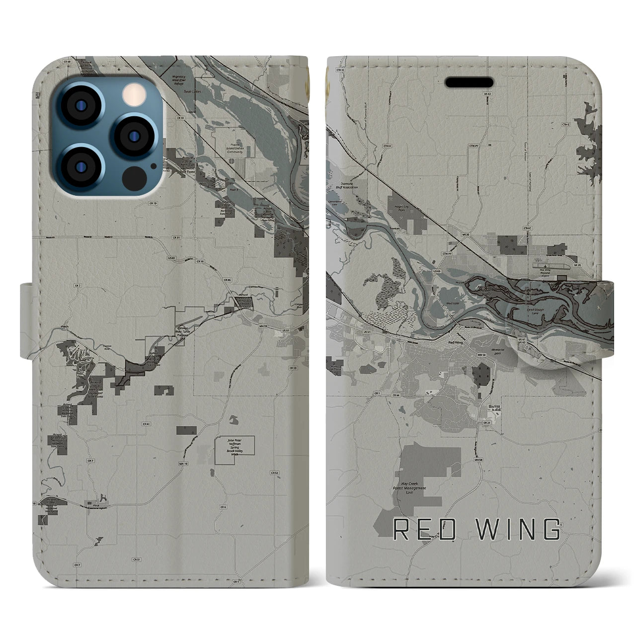 【レッドウイング(アメリカ)】地図柄iPhoneケース(手帳タイプ)モノトーン・iPhone 12 / 12 Pro 用