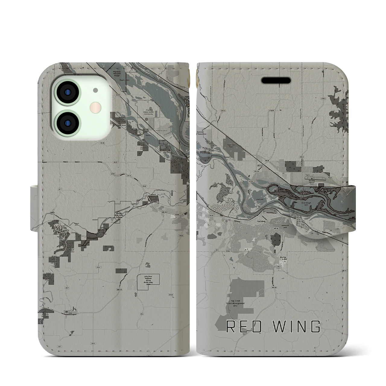 【レッドウイング(アメリカ)】地図柄iPhoneケース(手帳タイプ)モノトーン・iPhone 12 mini 用
