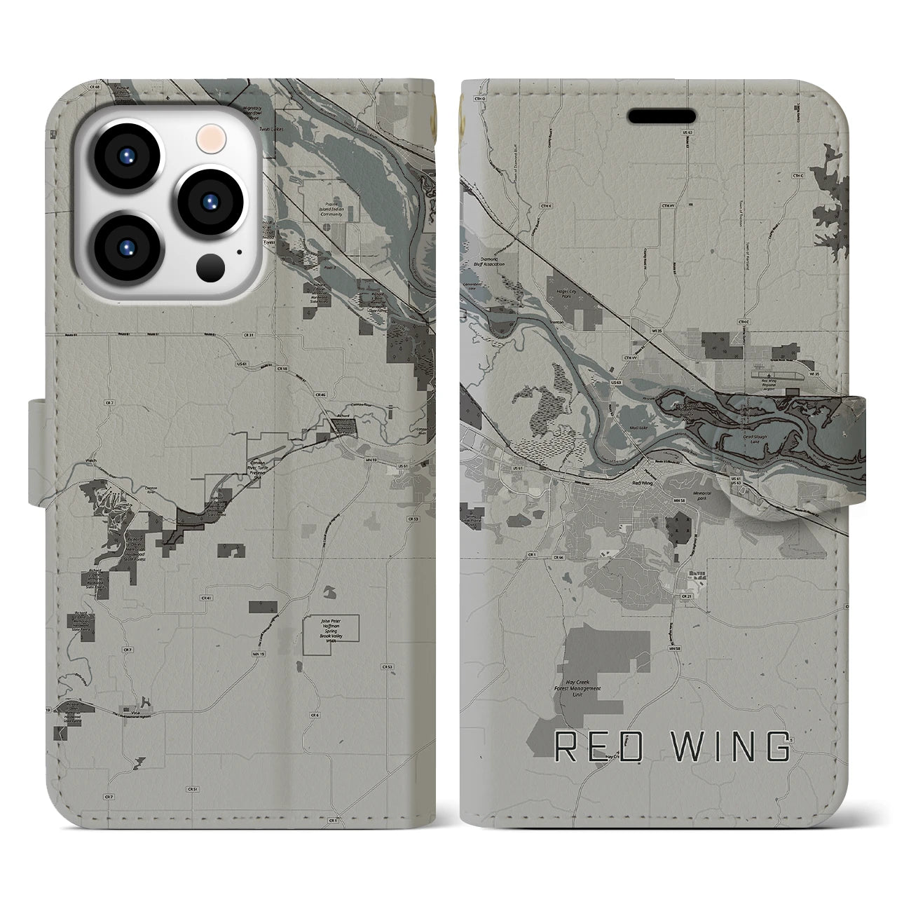 【レッドウイング(アメリカ)】地図柄iPhoneケース(手帳タイプ)モノトーン・iPhone 13 Pro 用