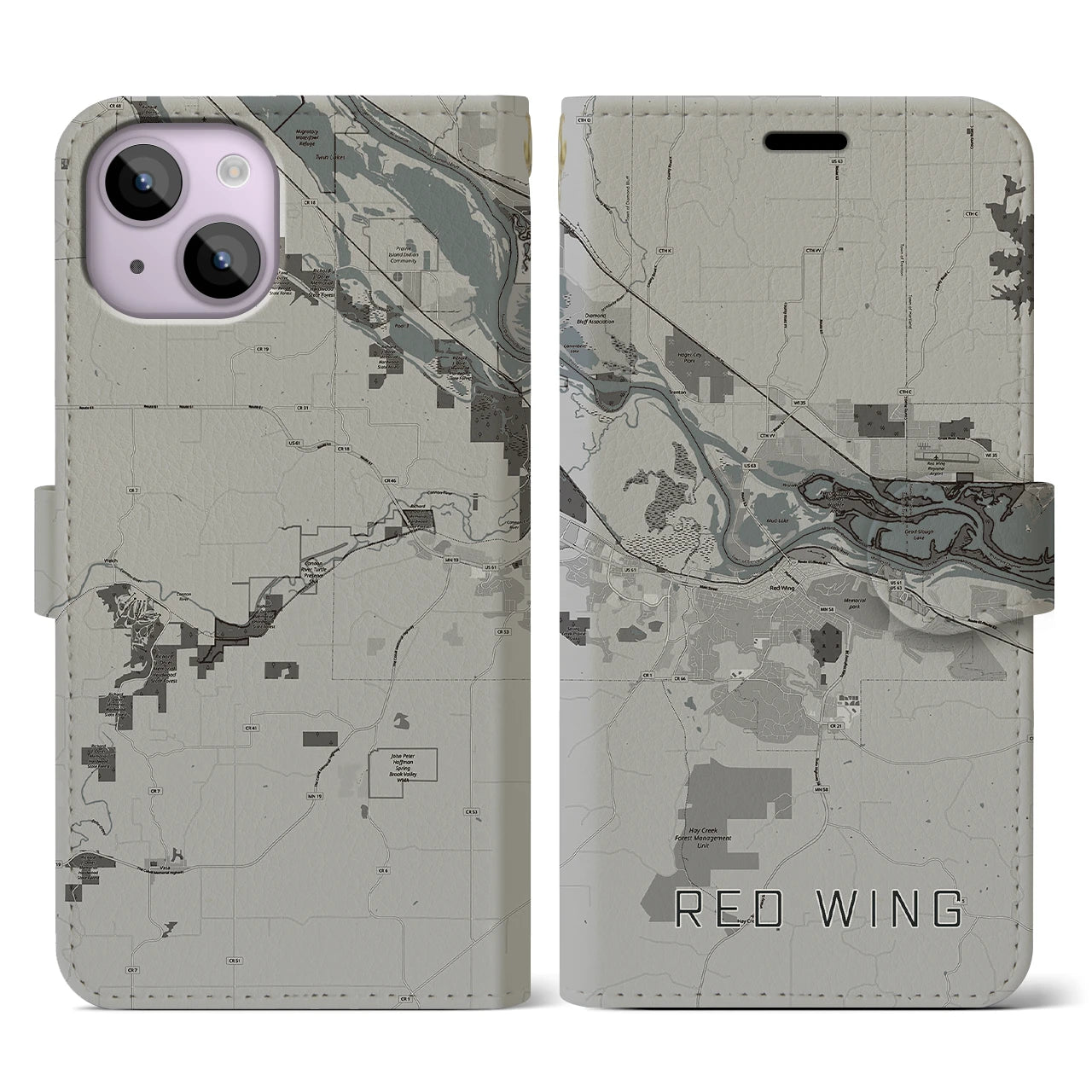 【レッドウイング(アメリカ)】地図柄iPhoneケース(手帳タイプ)モノトーン・iPhone 14 用
