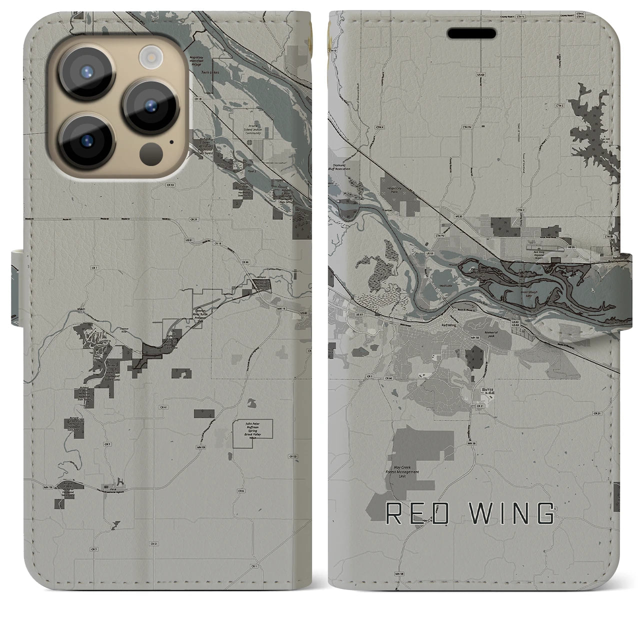 【レッドウイング(アメリカ)】地図柄iPhoneケース(手帳タイプ)モノトーン・iPhone 14 Pro Max 用