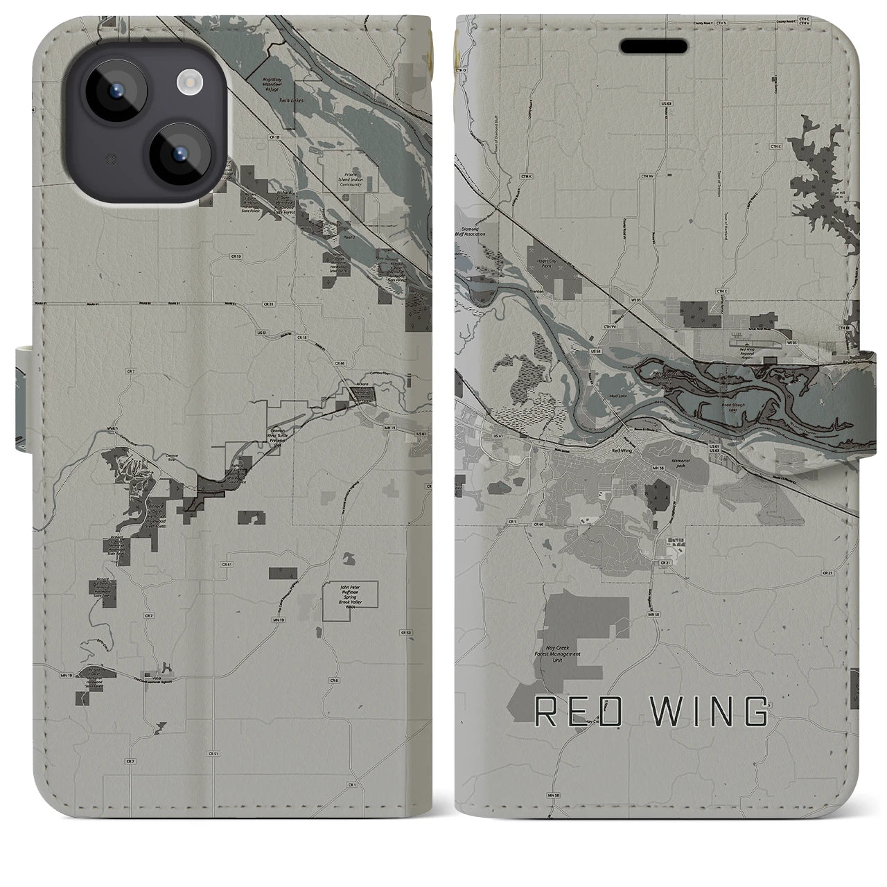 【レッドウイング(アメリカ)】地図柄iPhoneケース(手帳タイプ)モノトーン・iPhone 14 Plus 用