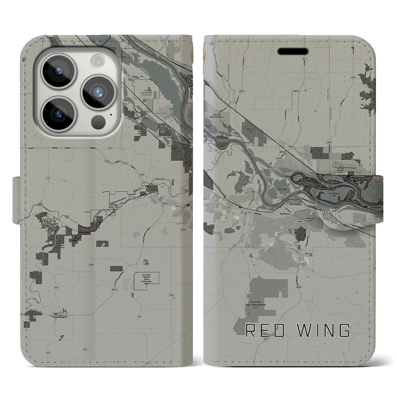 【レッドウイング(アメリカ)】地図柄iPhoneケース(手帳タイプ)モノトーン・iPhone 15 Pro 用