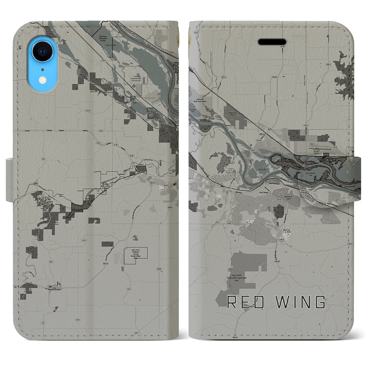 【レッドウイング(アメリカ)】地図柄iPhoneケース(手帳タイプ)モノトーン・iPhone XR 用