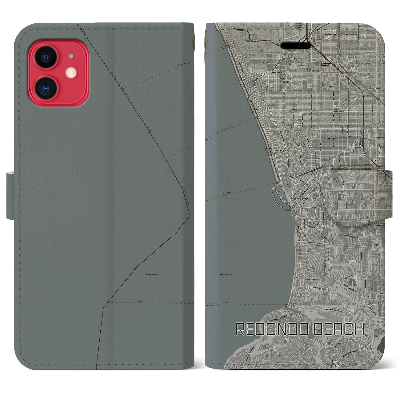 【レドンドビーチ(アメリカ)】地図柄iPhoneケース(手帳タイプ)モノトーン・iPhone 11 用