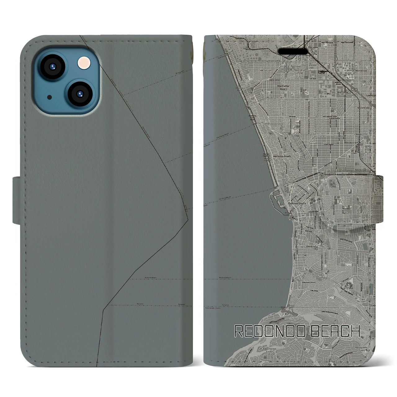 【レドンドビーチ(アメリカ)】地図柄iPhoneケース(手帳タイプ)モノトーン・iPhone 13 用