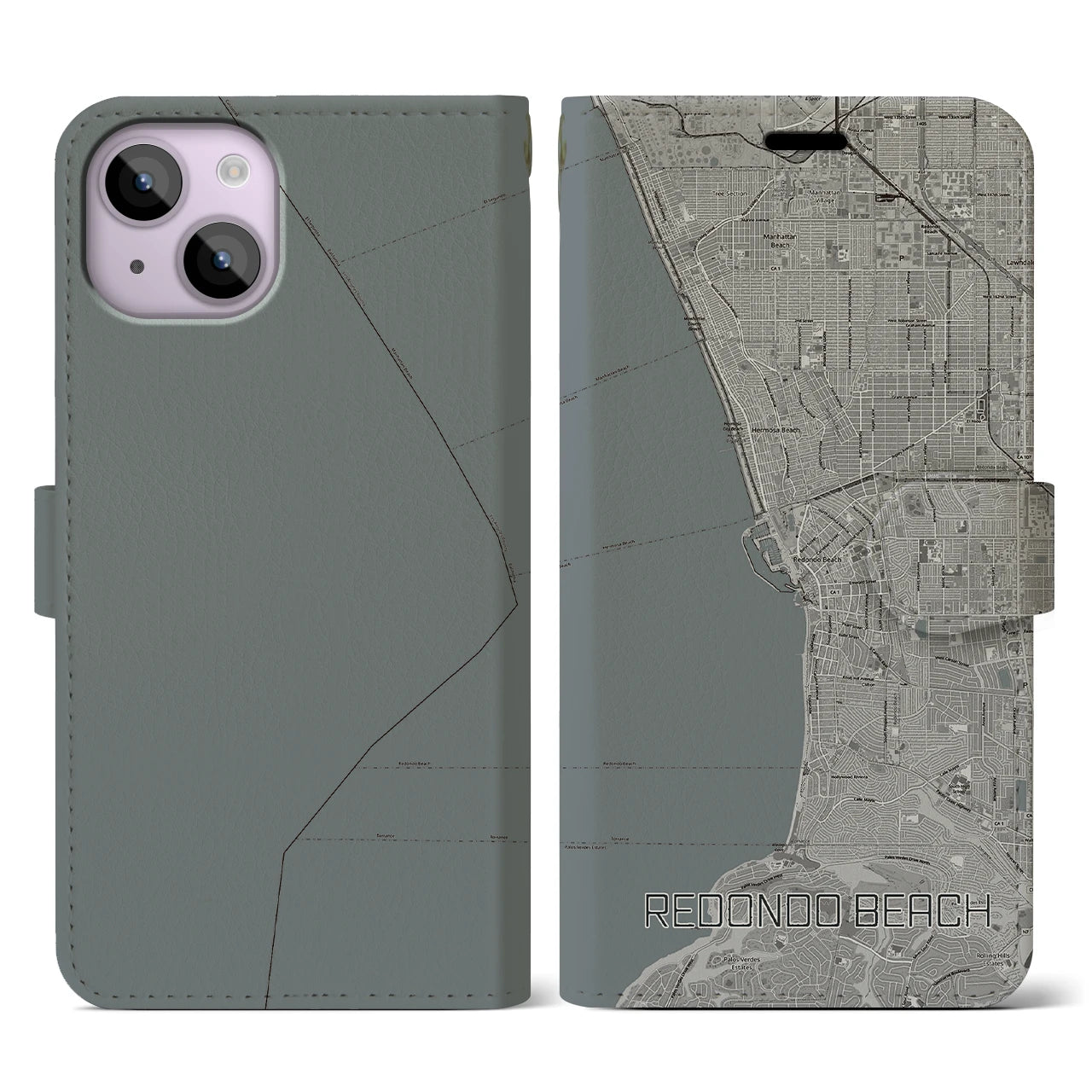 【レドンドビーチ(アメリカ)】地図柄iPhoneケース(手帳タイプ)モノトーン・iPhone 14 用