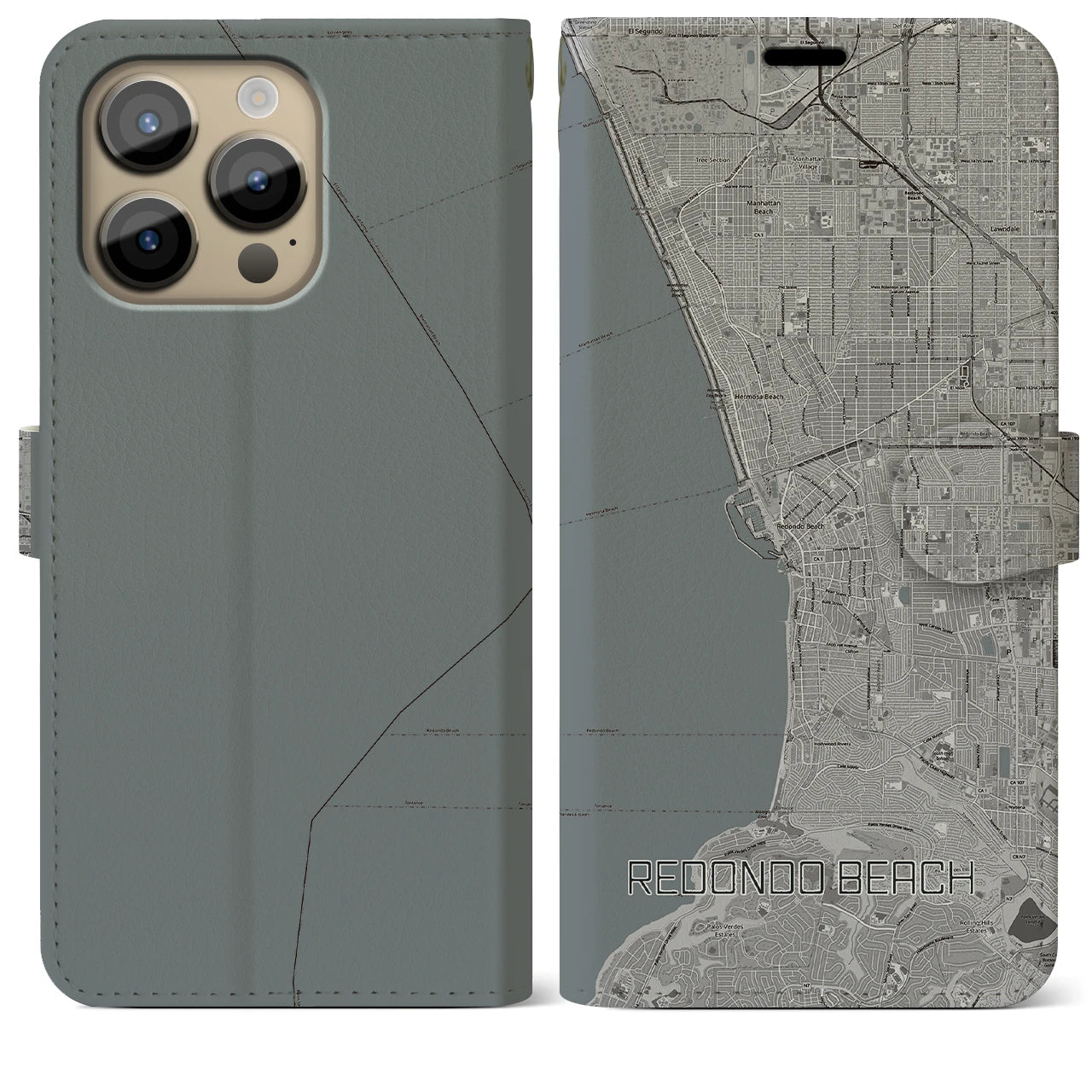 【レドンドビーチ(アメリカ)】地図柄iPhoneケース(手帳タイプ)モノトーン・iPhone 14 Pro Max 用