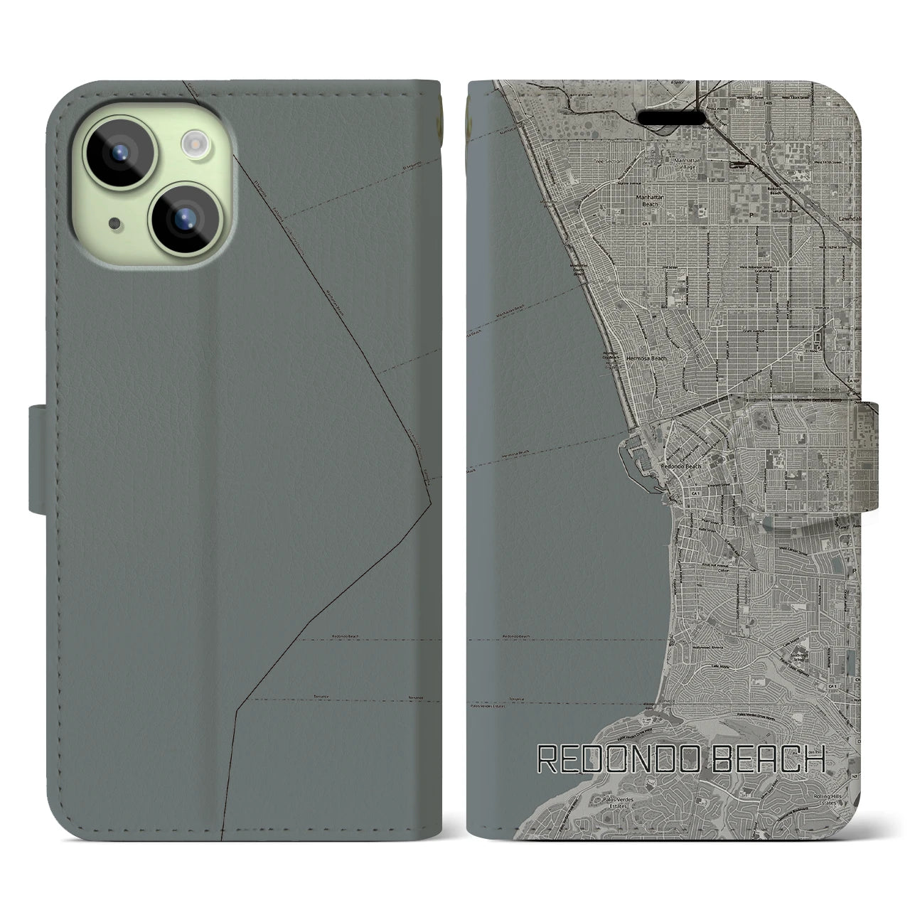 【レドンドビーチ(アメリカ)】地図柄iPhoneケース(手帳タイプ)モノトーン・iPhone 15 用