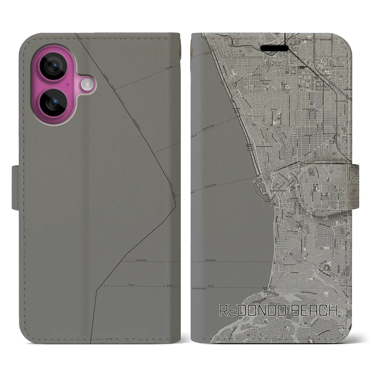 【レドンドビーチ(アメリカ)】地図柄iPhoneケース(手帳タイプ)モノトーン・iPhone 16 Pro 用