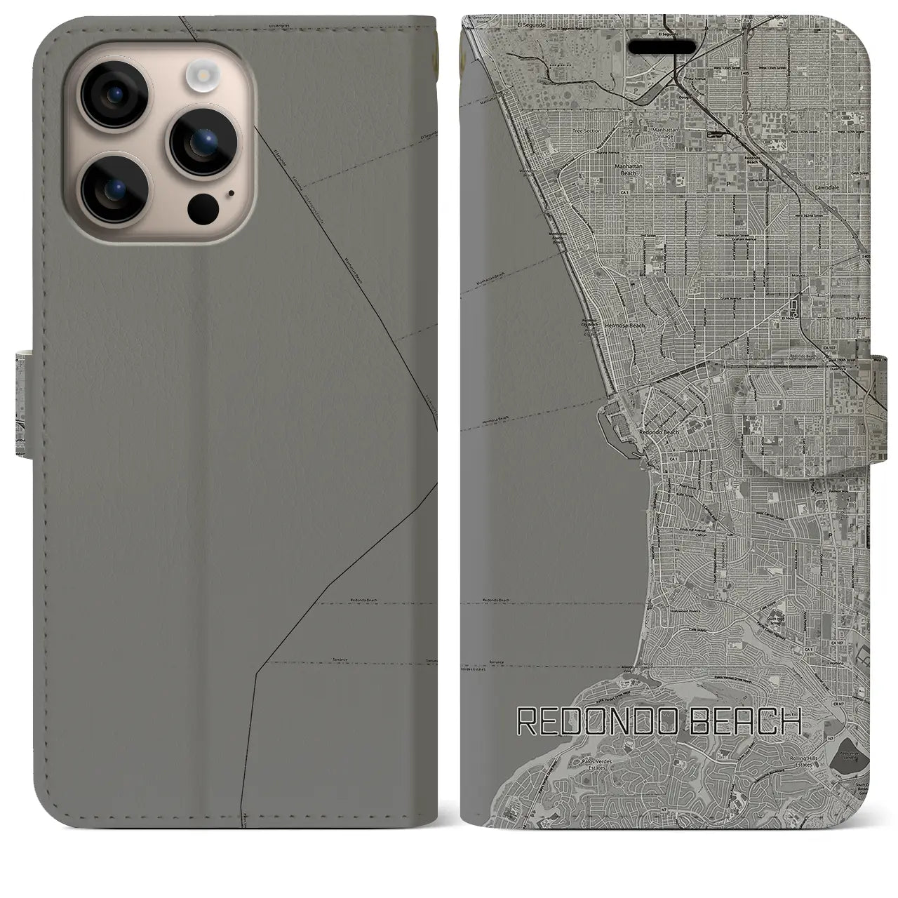 【レドンドビーチ(アメリカ)】地図柄iPhoneケース(手帳タイプ)モノトーン・iPhone 16 Plus 用