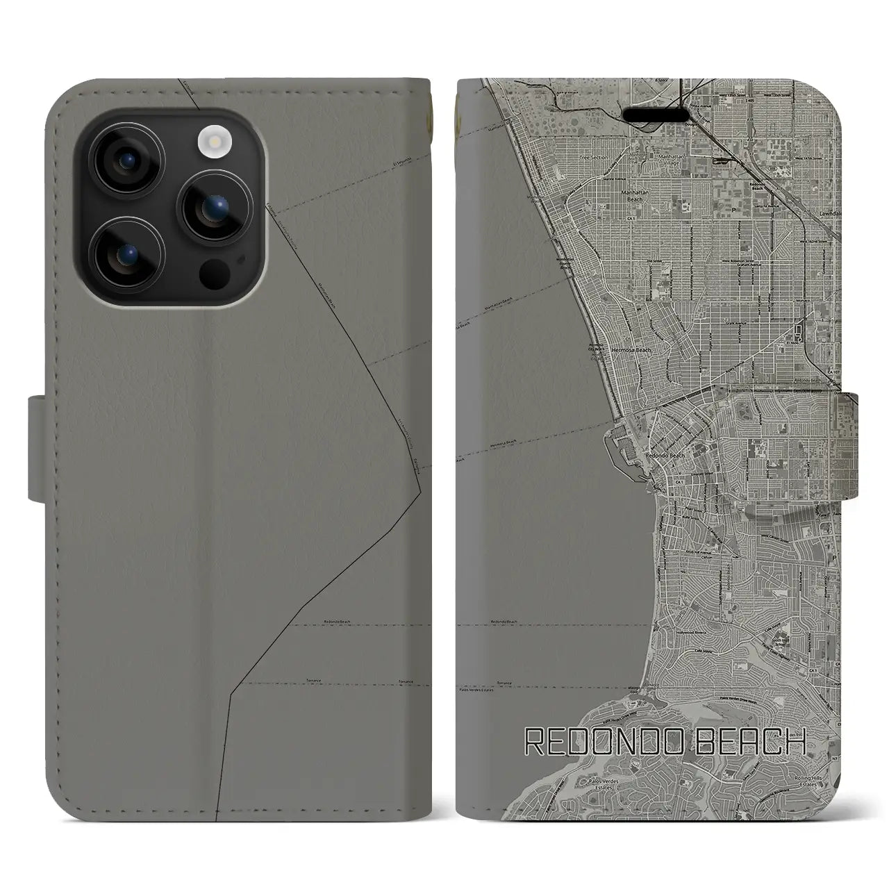 【レドンドビーチ(アメリカ)】地図柄iPhoneケース(手帳タイプ)モノトーン・iPhone 16 用