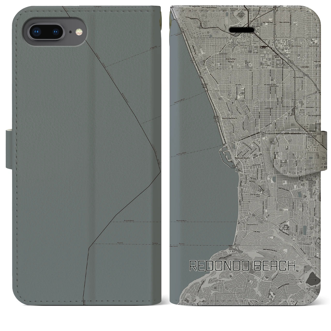 【レドンドビーチ(アメリカ)】地図柄iPhoneケース(手帳タイプ)モノトーン・iPhone 8Plus /7Plus / 6sPlus / 6Plus 用
