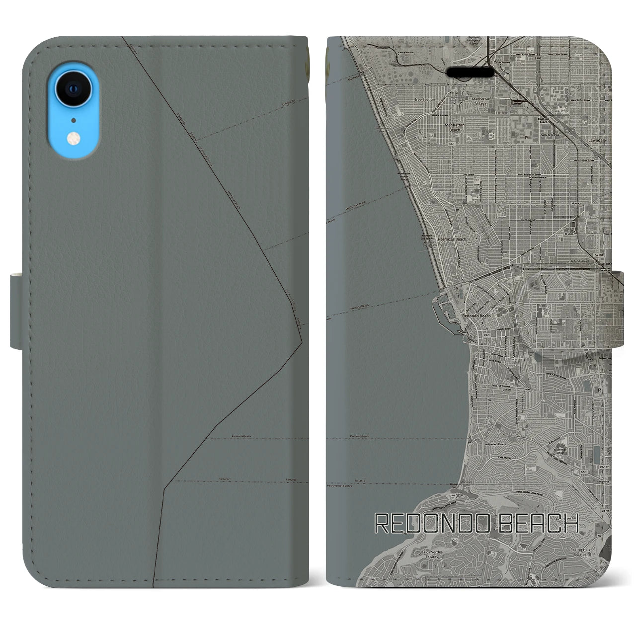 【レドンドビーチ(アメリカ)】地図柄iPhoneケース(手帳タイプ)モノトーン・iPhone XR 用