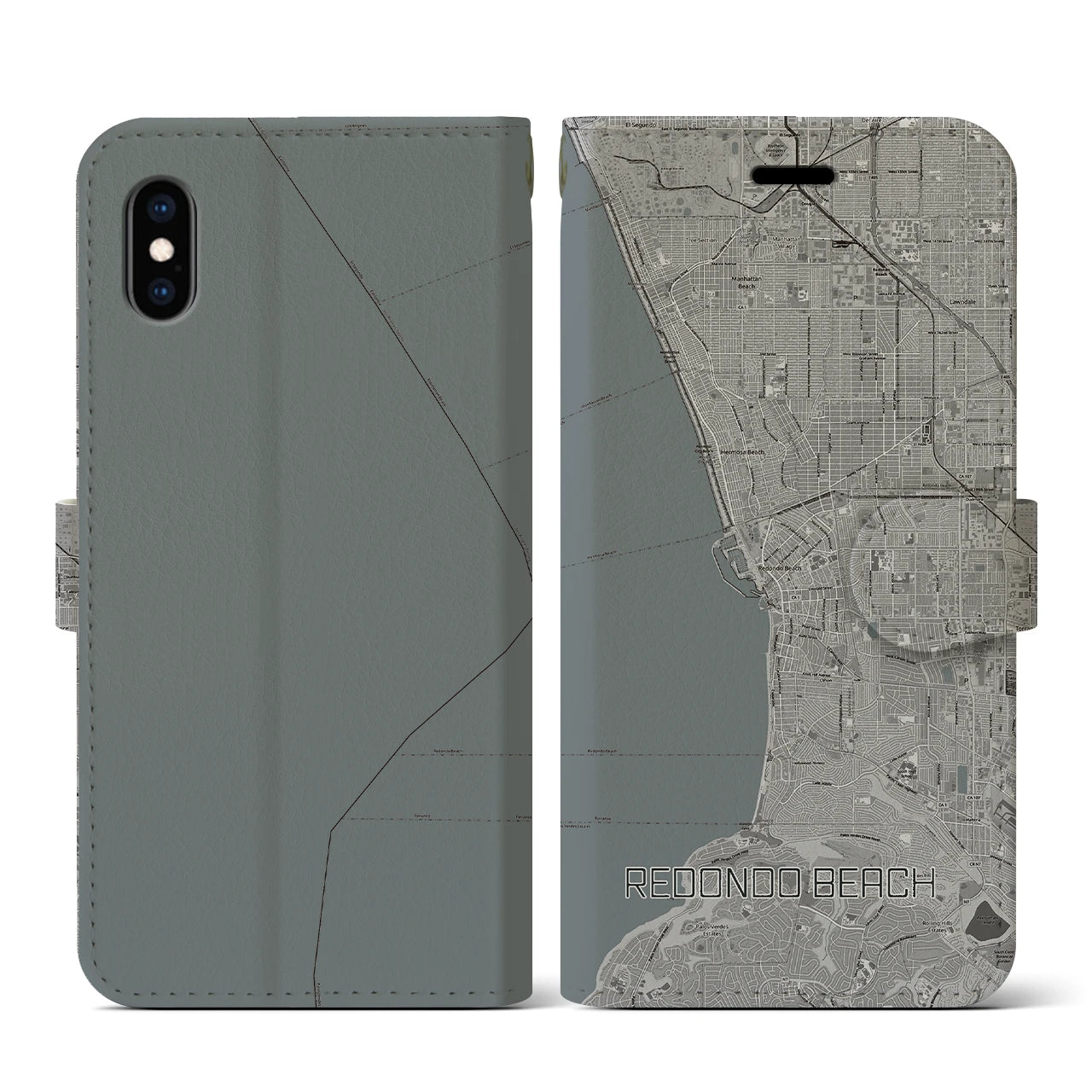 【レドンドビーチ(アメリカ)】地図柄iPhoneケース(手帳タイプ)モノトーン・iPhone XS / X 用
