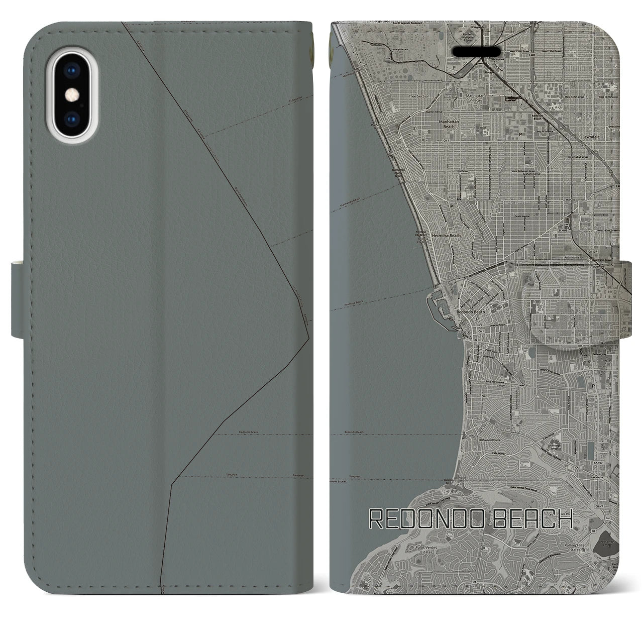 【レドンドビーチ(アメリカ)】地図柄iPhoneケース(手帳タイプ)モノトーン・iPhone XS Max 用