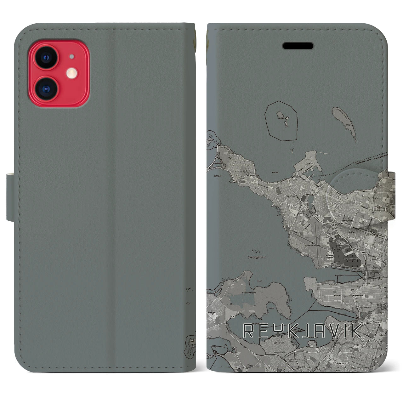 【レイキャヴィーク(アイスランド)】地図柄iPhoneケース(手帳タイプ)モノトーン・iPhone 11 用