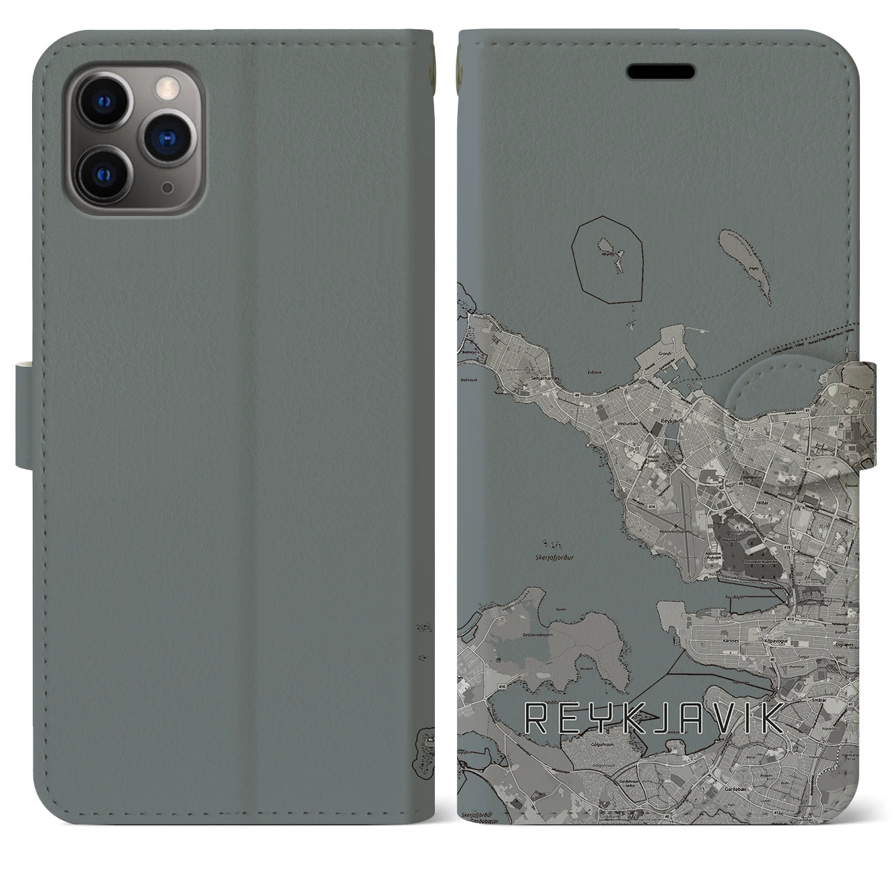 【レイキャヴィーク(アイスランド)】地図柄iPhoneケース(手帳タイプ)モノトーン・iPhone 11 Pro Max 用