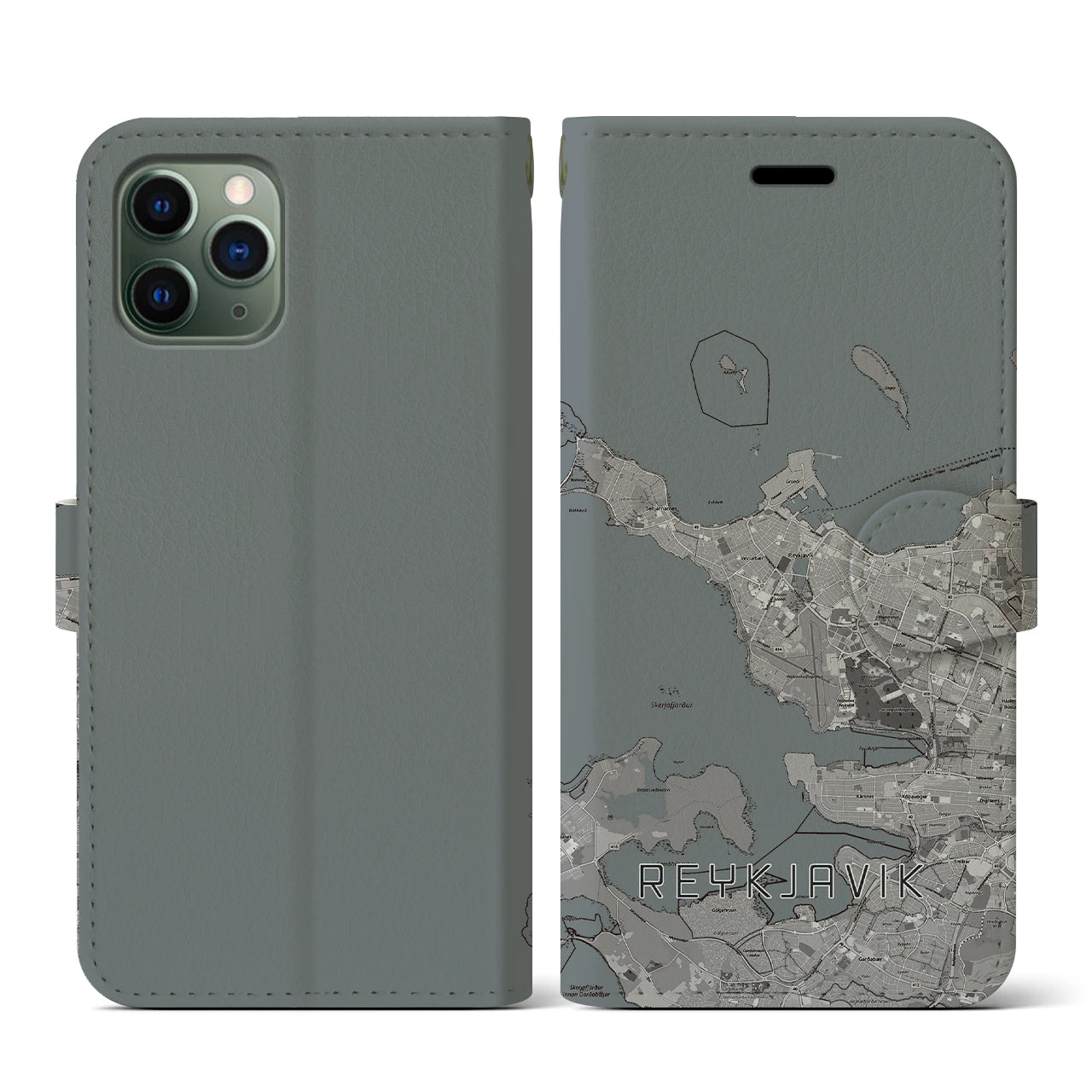 【レイキャヴィーク(アイスランド)】地図柄iPhoneケース(手帳タイプ)モノトーン・iPhone 11 Pro 用