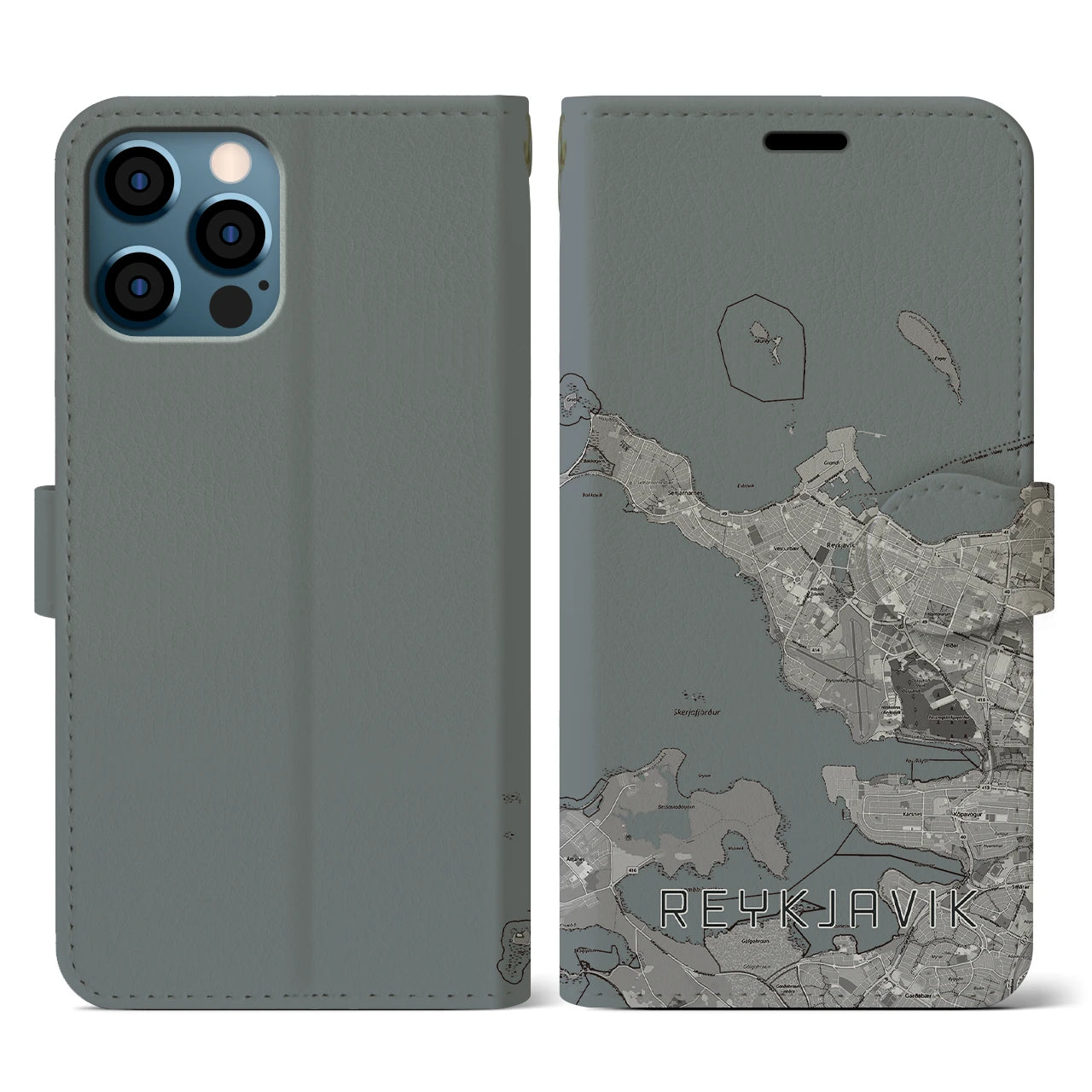 【レイキャヴィーク(アイスランド)】地図柄iPhoneケース(手帳タイプ)モノトーン・iPhone 12 / 12 Pro 用