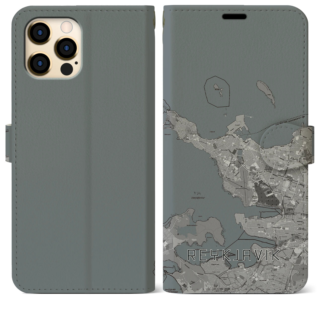 【レイキャヴィーク(アイスランド)】地図柄iPhoneケース(手帳タイプ)モノトーン・iPhone 12 Pro Max 用
