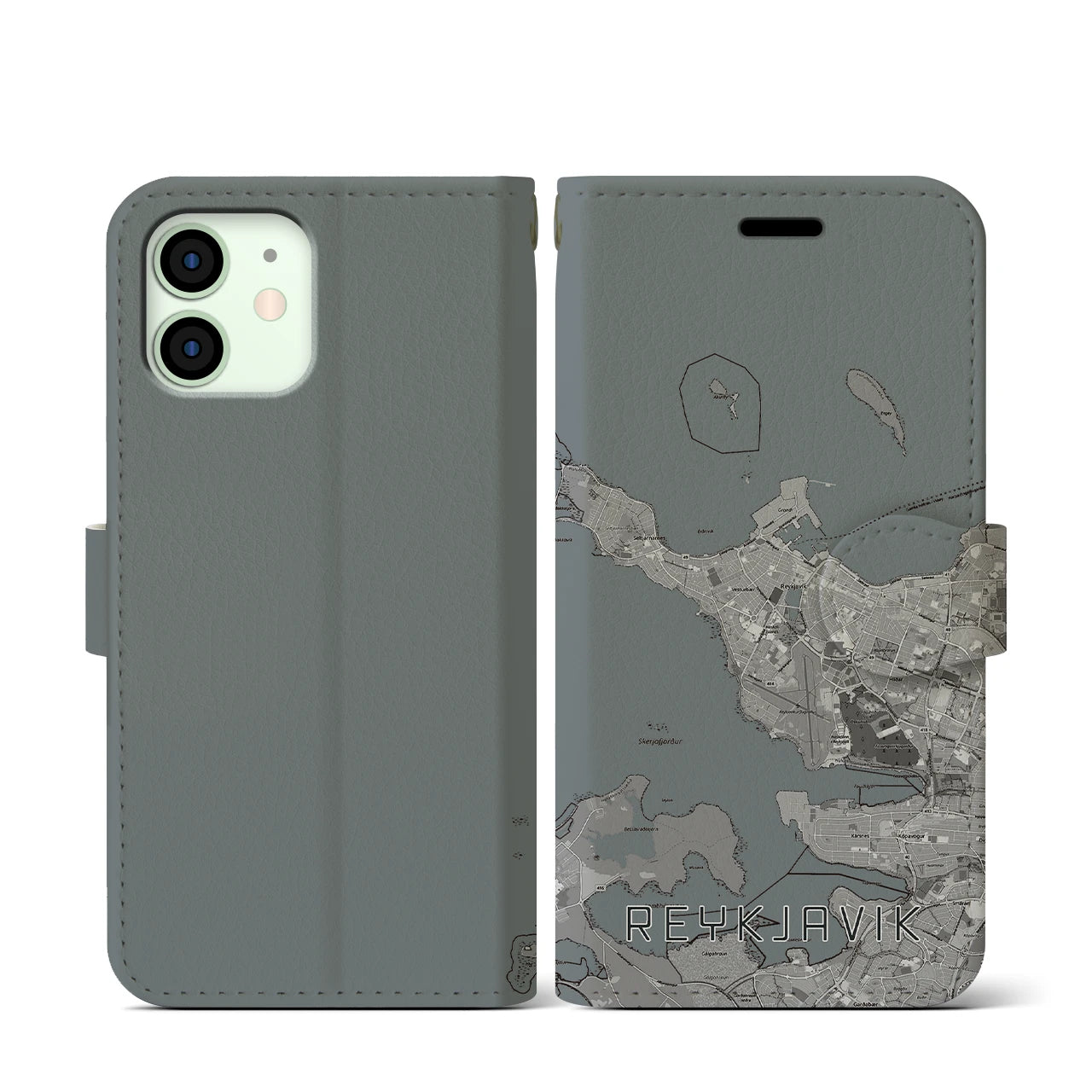 【レイキャヴィーク(アイスランド)】地図柄iPhoneケース(手帳タイプ)モノトーン・iPhone 12 mini 用