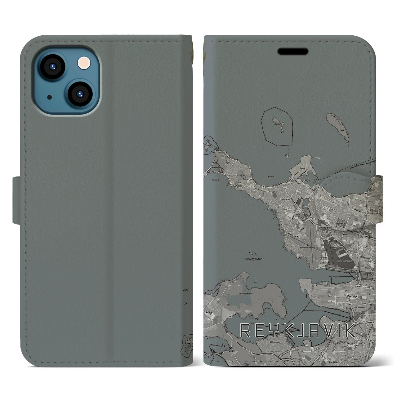 【レイキャヴィーク(アイスランド)】地図柄iPhoneケース(手帳タイプ)モノトーン・iPhone 13 用