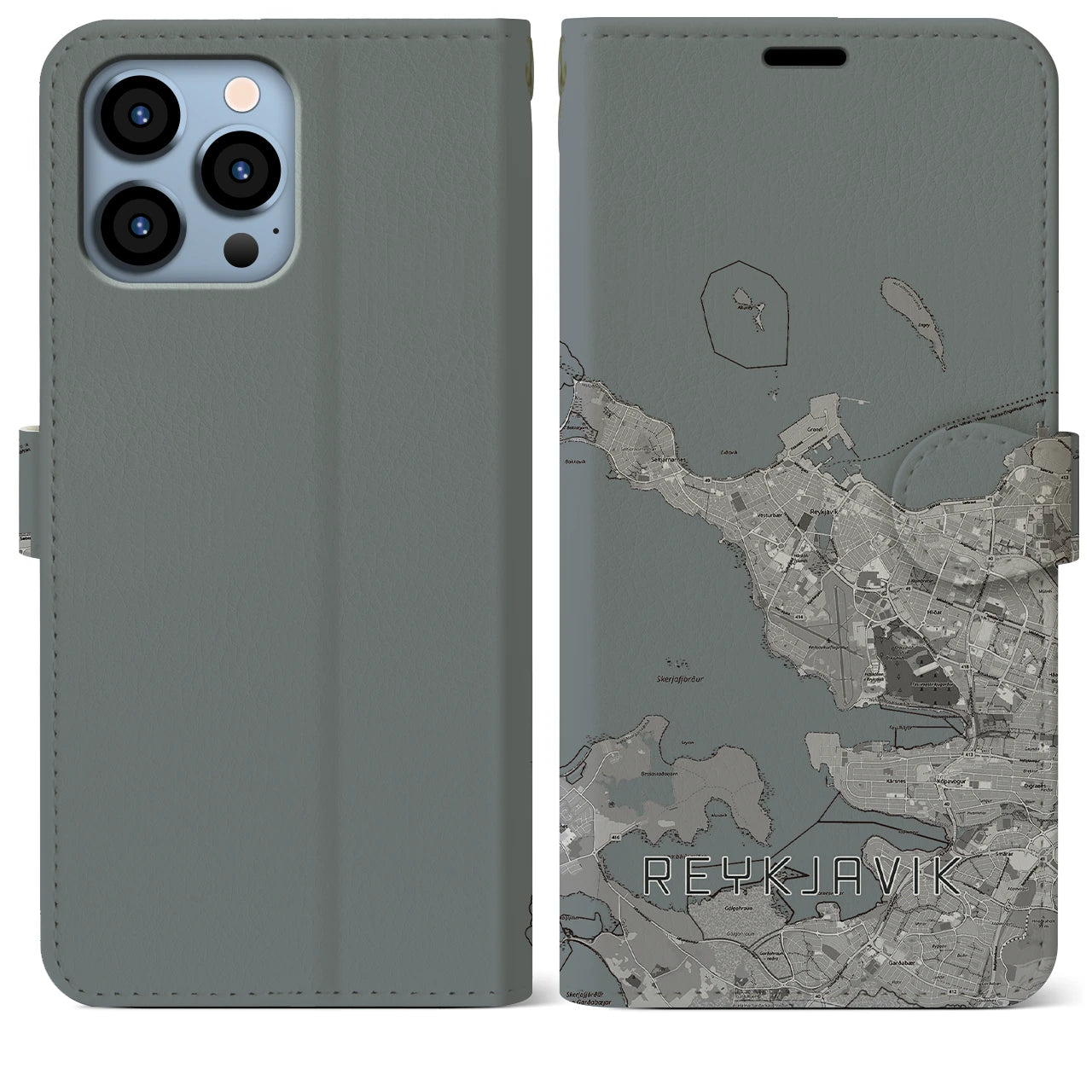 【レイキャヴィーク(アイスランド)】地図柄iPhoneケース(手帳タイプ)モノトーン・iPhone 13 Pro Max 用