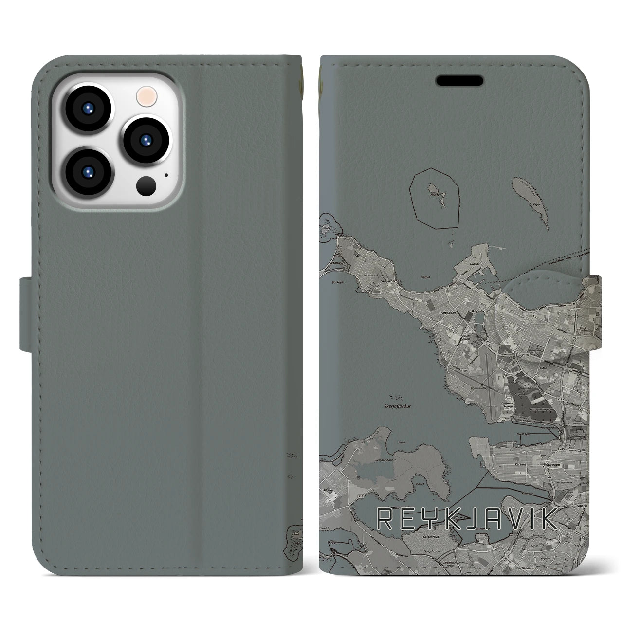【レイキャヴィーク(アイスランド)】地図柄iPhoneケース(手帳タイプ)モノトーン・iPhone 13 Pro 用