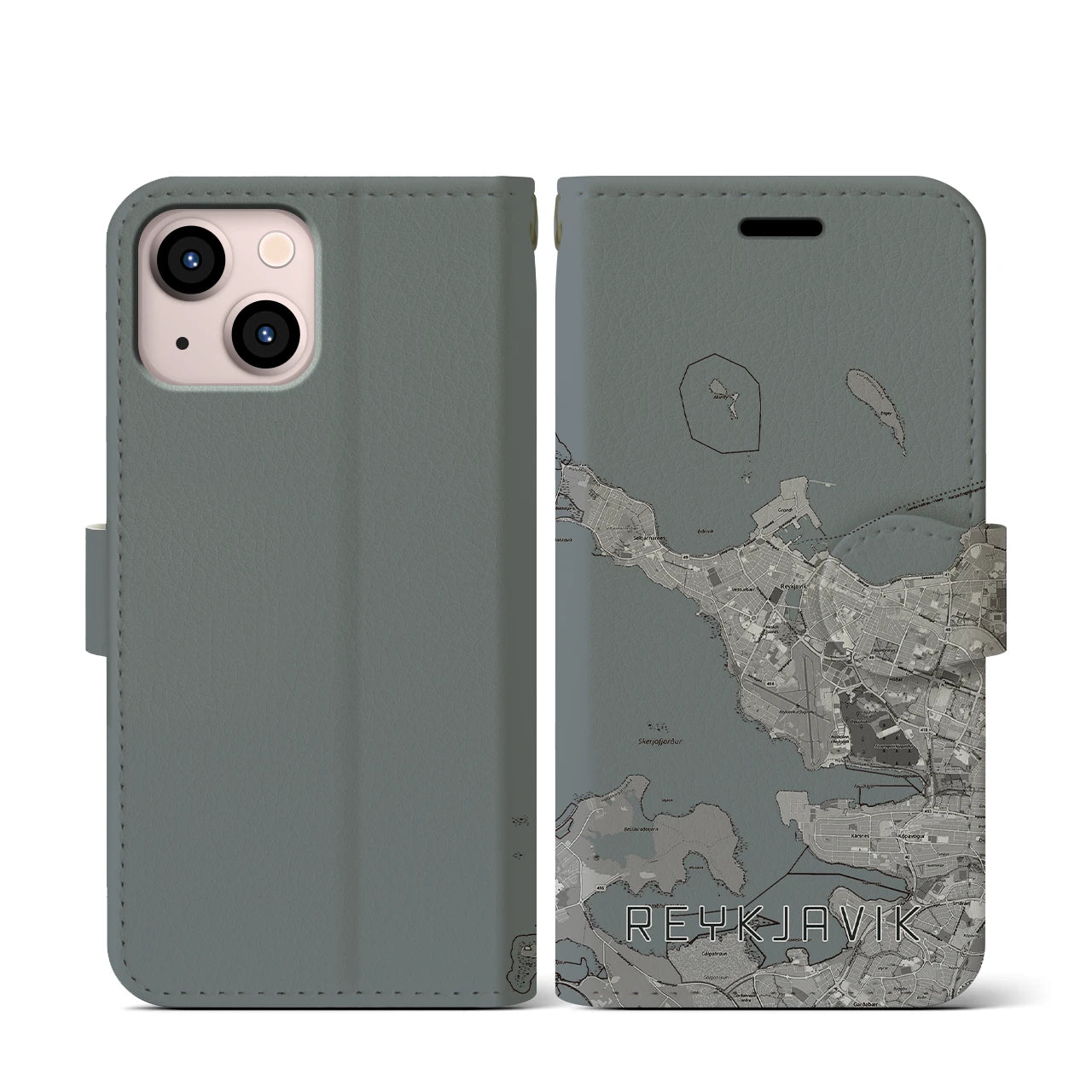 【レイキャヴィーク(アイスランド)】地図柄iPhoneケース(手帳タイプ)モノトーン・iPhone 13 mini 用