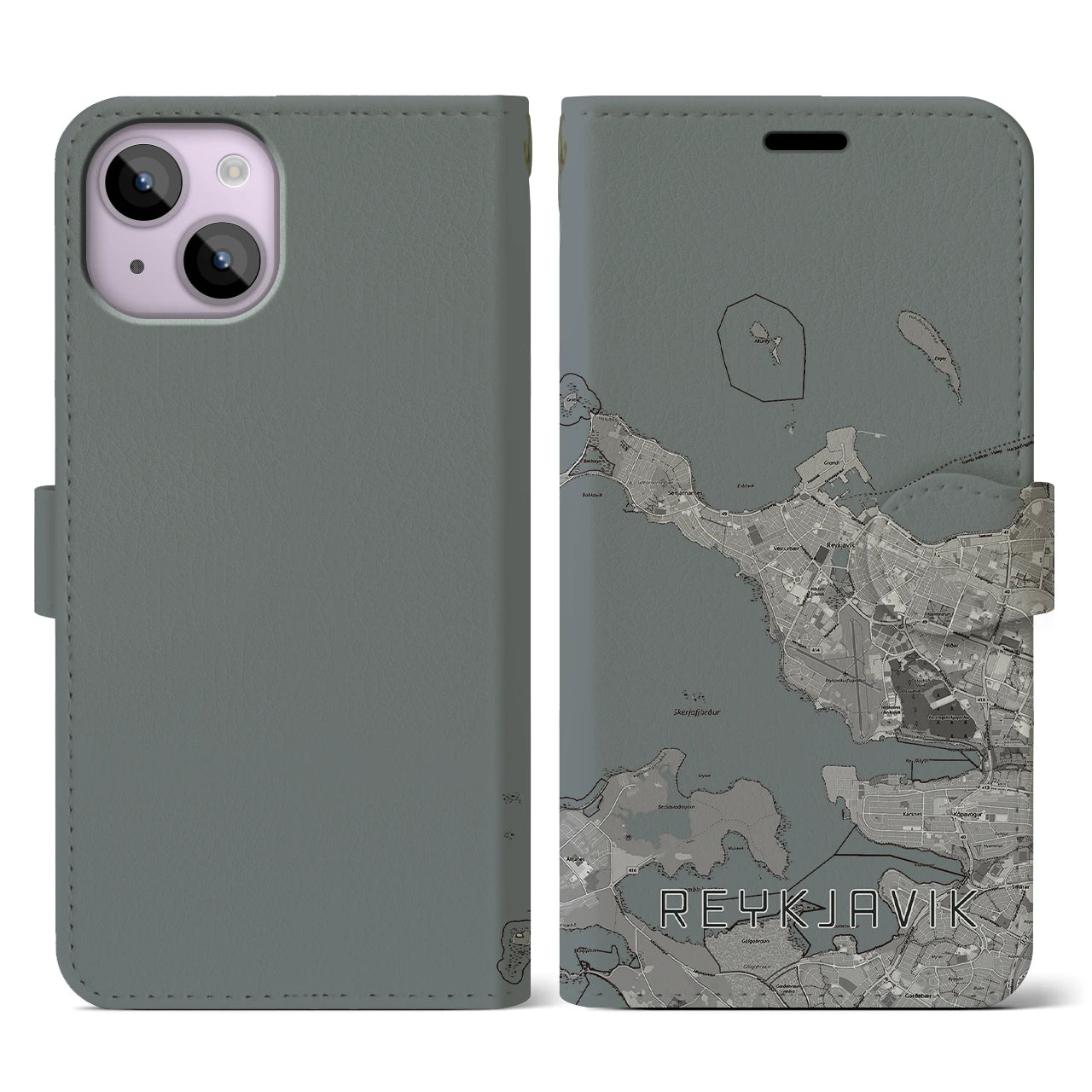 【レイキャヴィーク(アイスランド)】地図柄iPhoneケース(手帳タイプ)モノトーン・iPhone 14 用