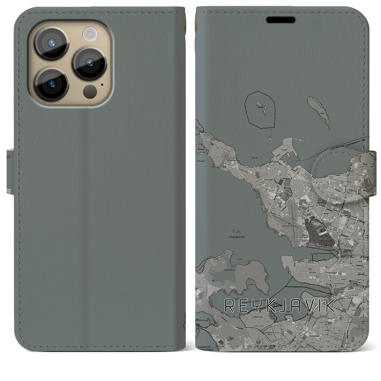 【レイキャヴィーク(アイスランド)】地図柄iPhoneケース(手帳タイプ)モノトーン・iPhone 14 Pro Max 用