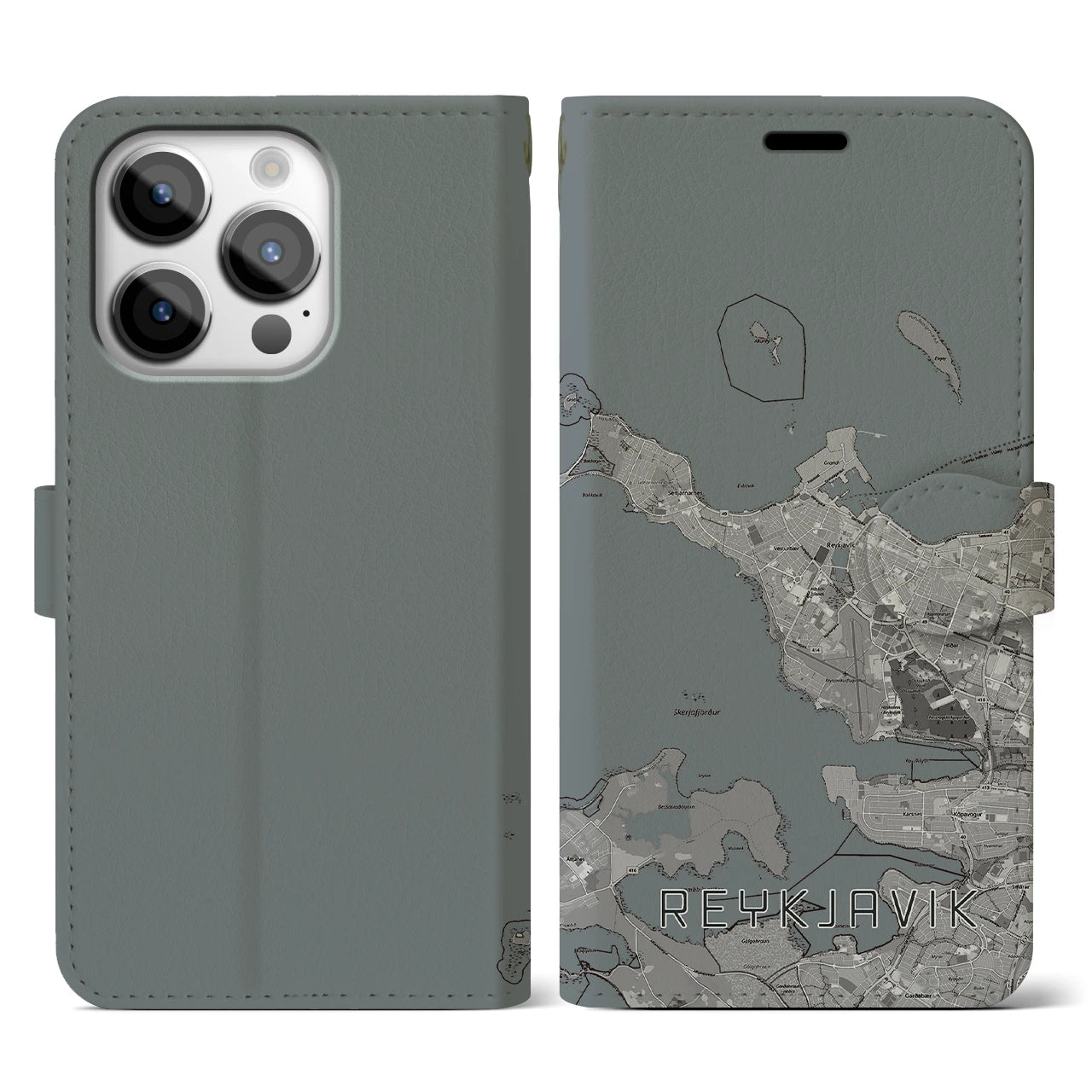 【レイキャヴィーク(アイスランド)】地図柄iPhoneケース(手帳タイプ)モノトーン・iPhone 14 Pro 用