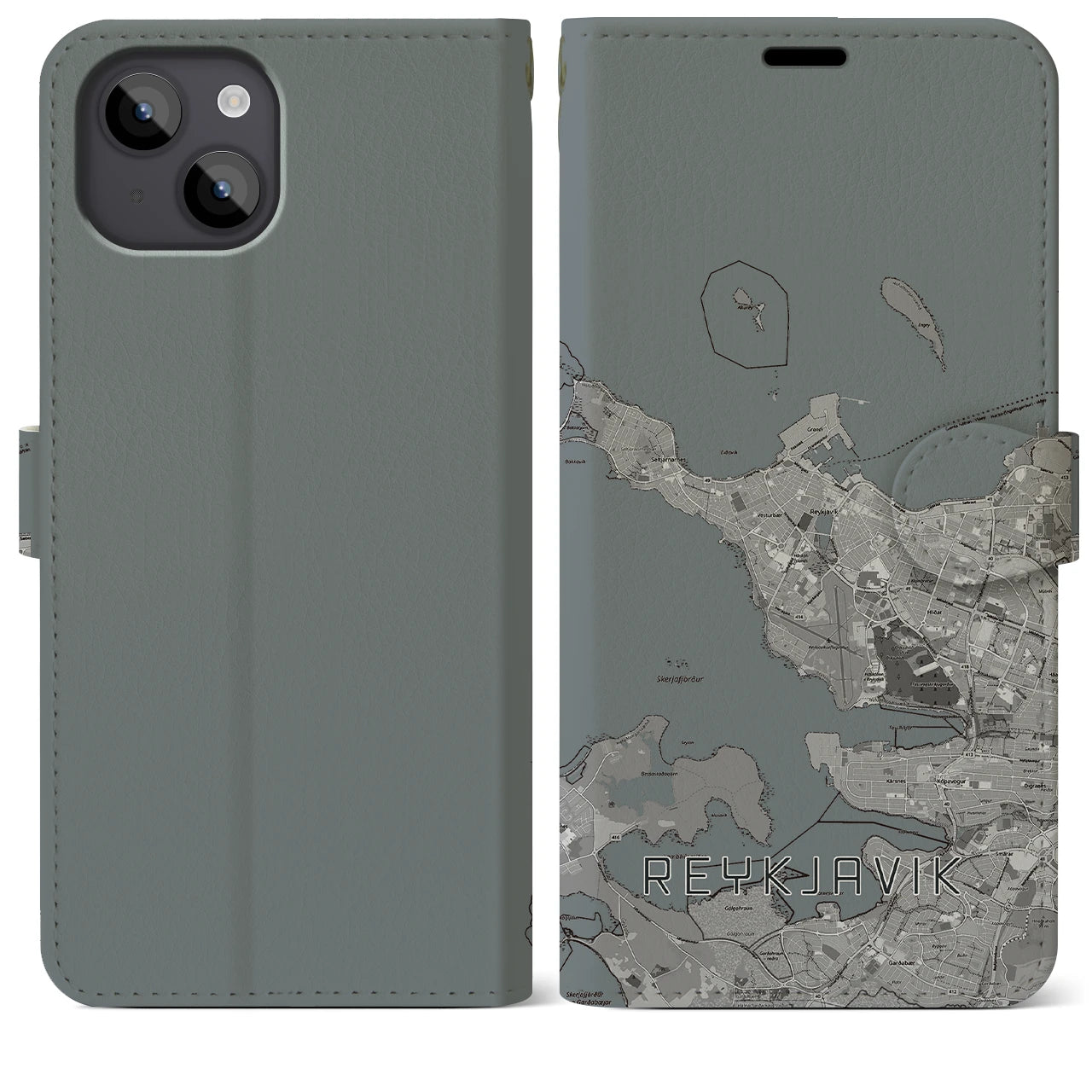 【レイキャヴィーク(アイスランド)】地図柄iPhoneケース(手帳タイプ)モノトーン・iPhone 14 Plus 用