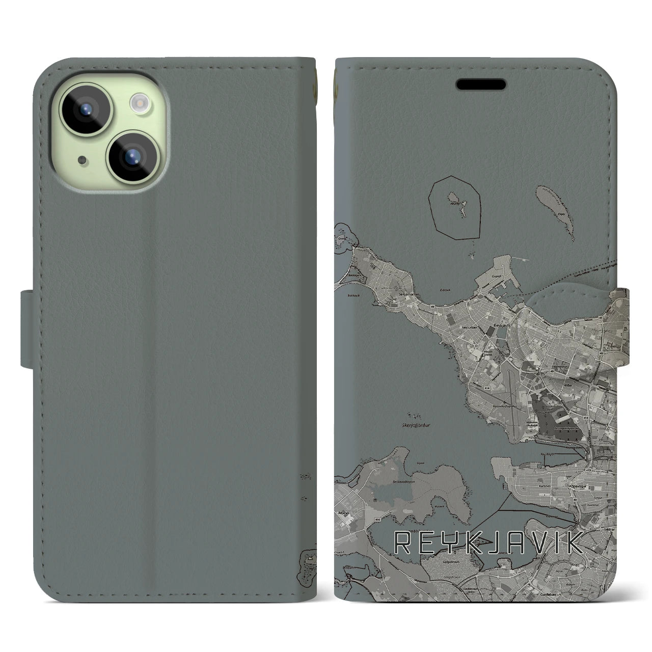 【レイキャヴィーク(アイスランド)】地図柄iPhoneケース(手帳タイプ)モノトーン・iPhone 15 用