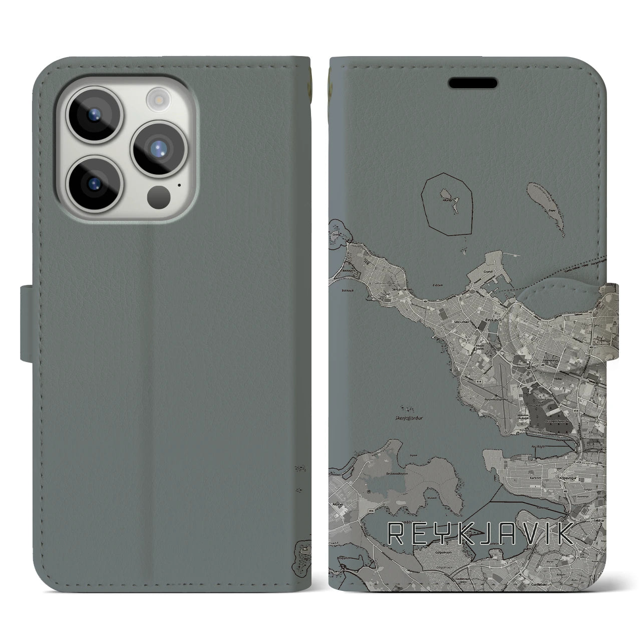 【レイキャヴィーク(アイスランド)】地図柄iPhoneケース(手帳タイプ)モノトーン・iPhone 15 Pro 用