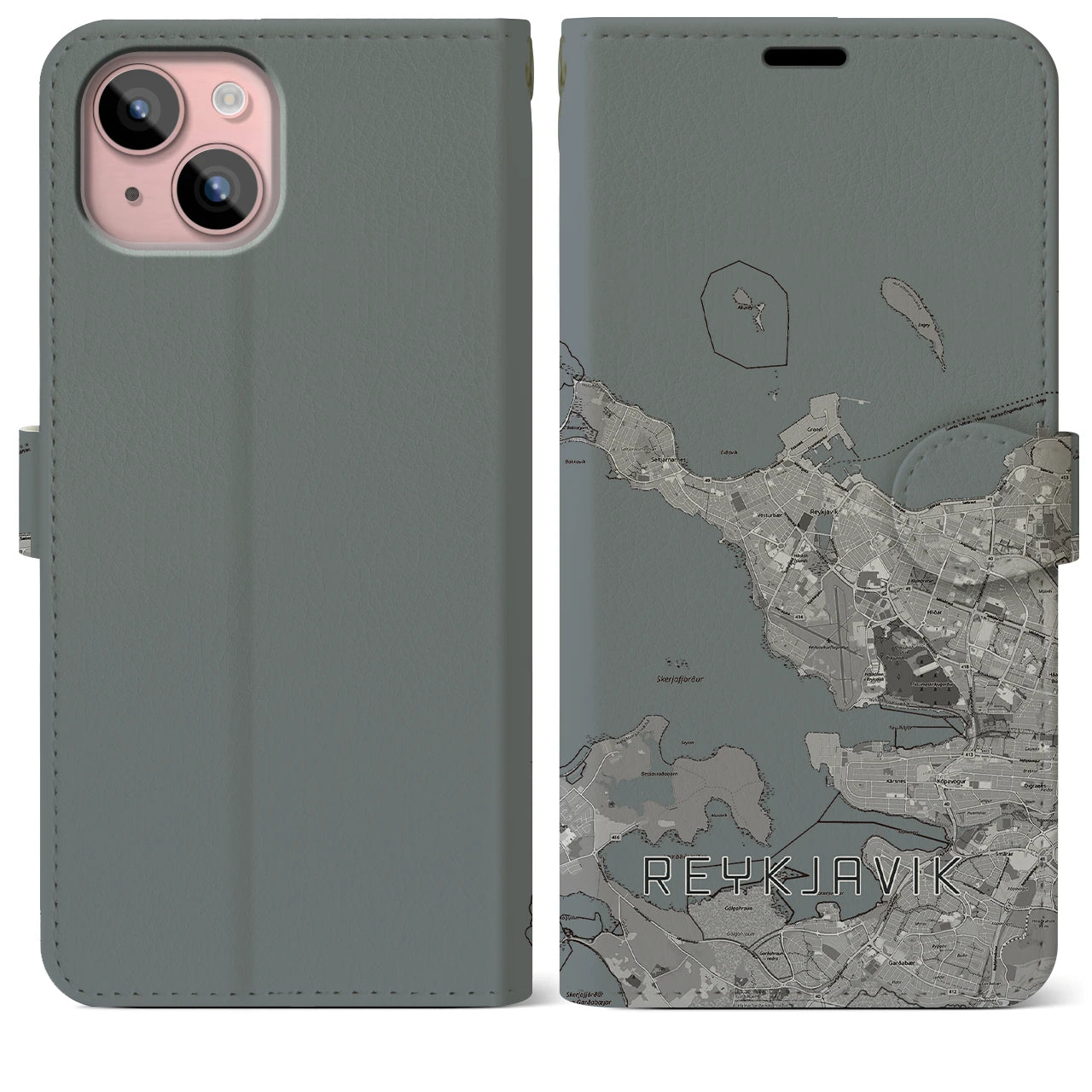 【レイキャヴィーク(アイスランド)】地図柄iPhoneケース(手帳タイプ)モノトーン・iPhone 15 Plus 用