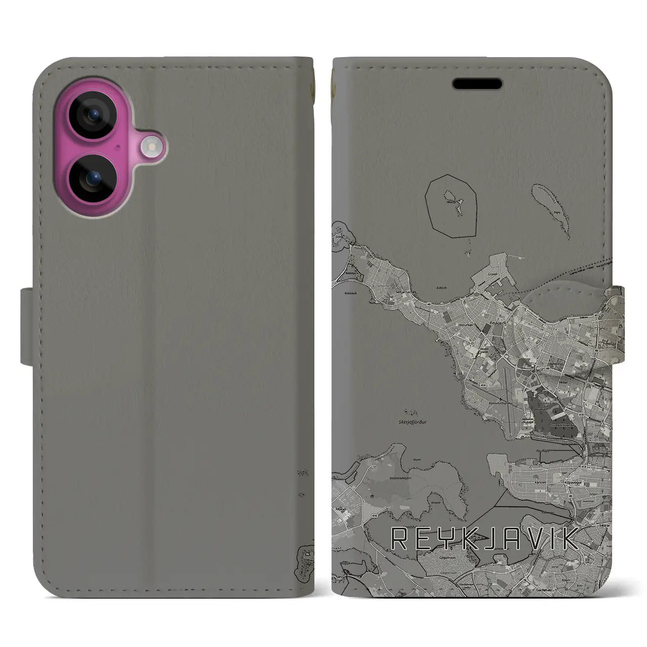 【レイキャヴィーク(アイスランド)】地図柄iPhoneケース(手帳タイプ)モノトーン・iPhone 16 Pro 用