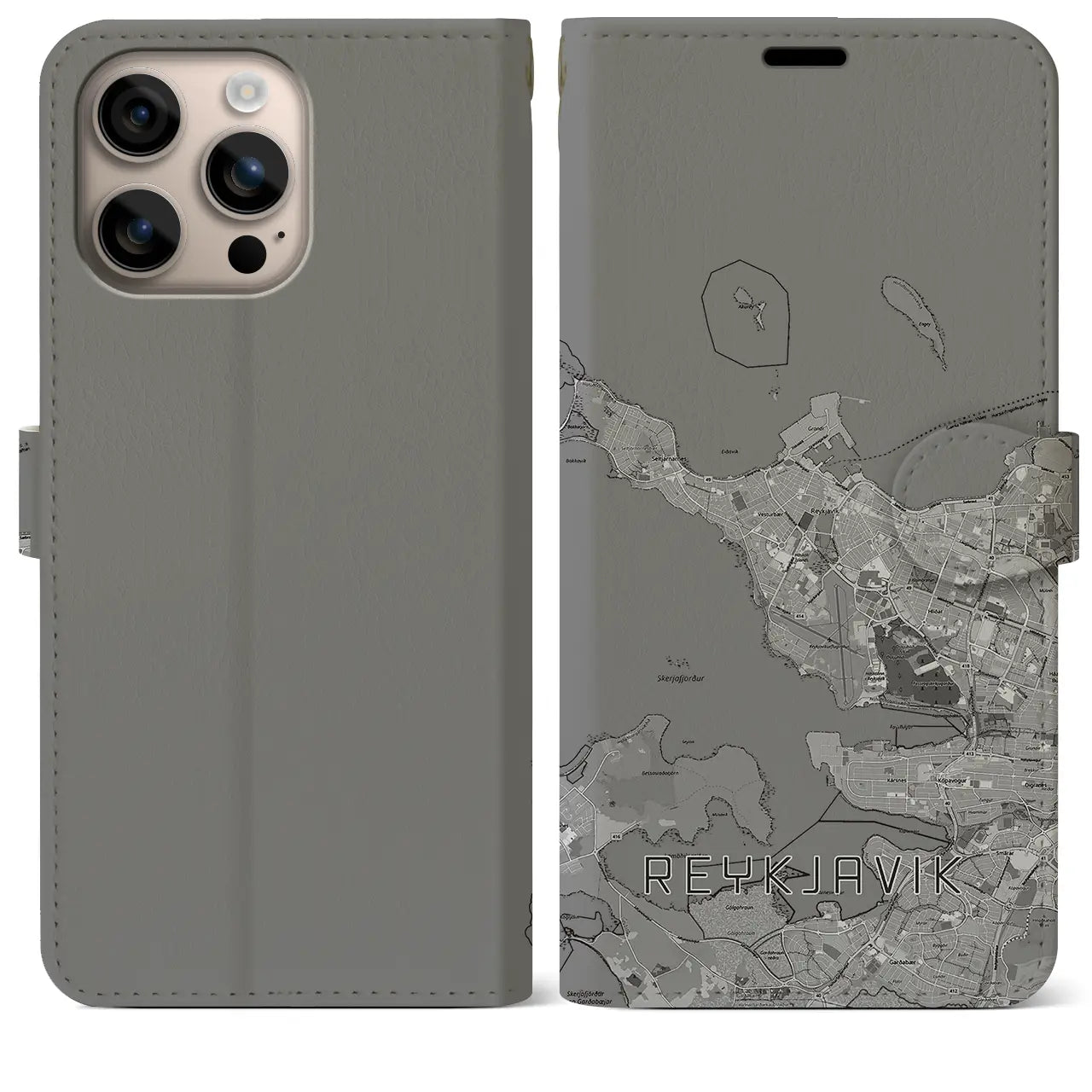 【レイキャヴィーク(アイスランド)】地図柄iPhoneケース(手帳タイプ)モノトーン・iPhone 16 Plus 用